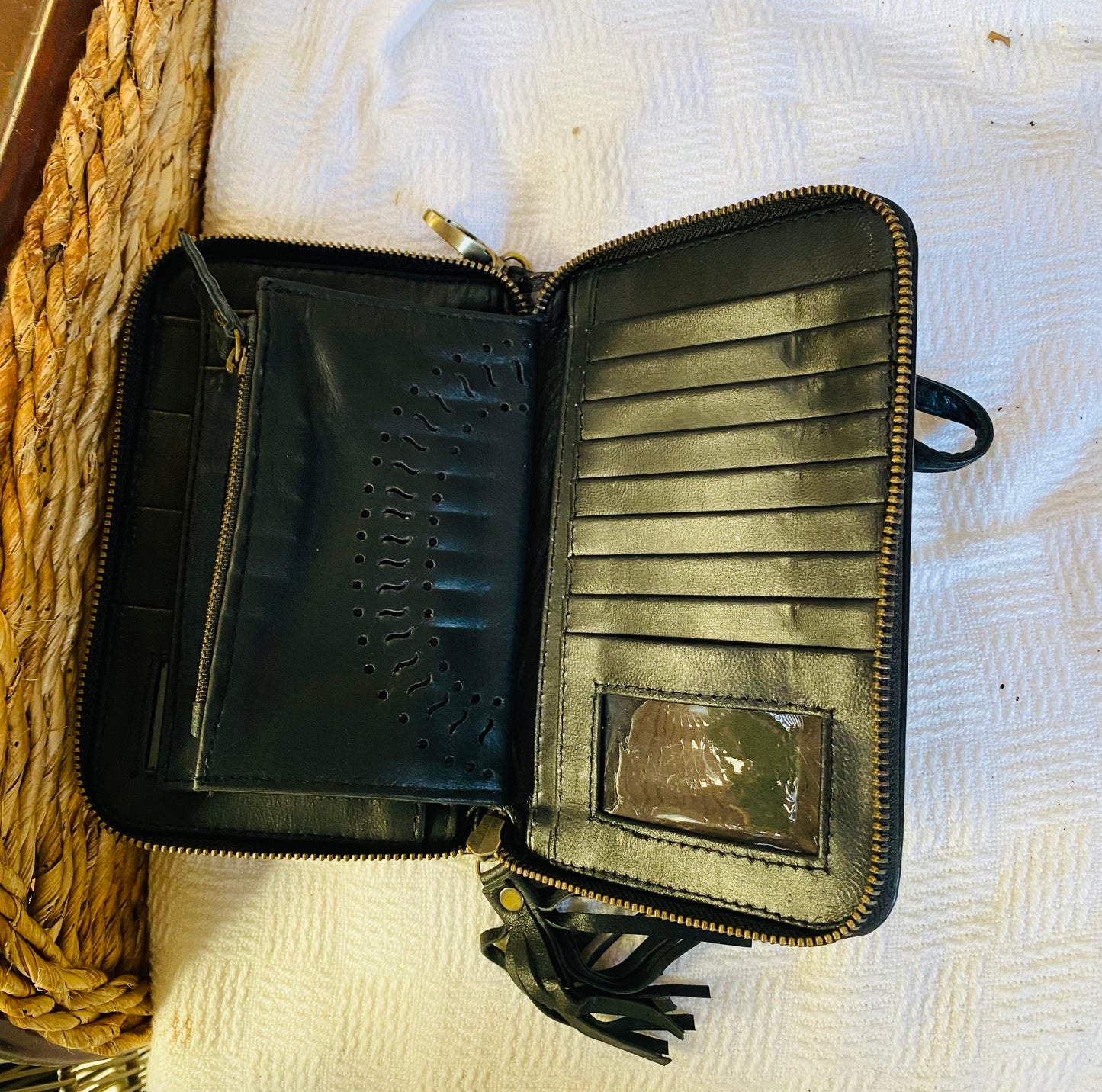 Majestic Carved Leather Wallet Black Turquoise Inlay
