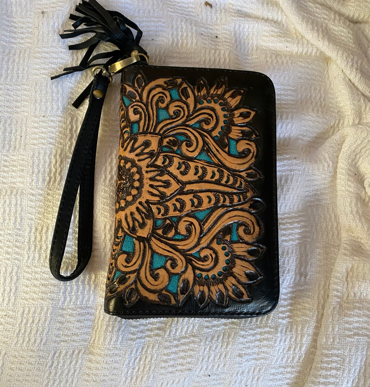 Majestic Carved Leather Wallet Black Turquoise Inlay