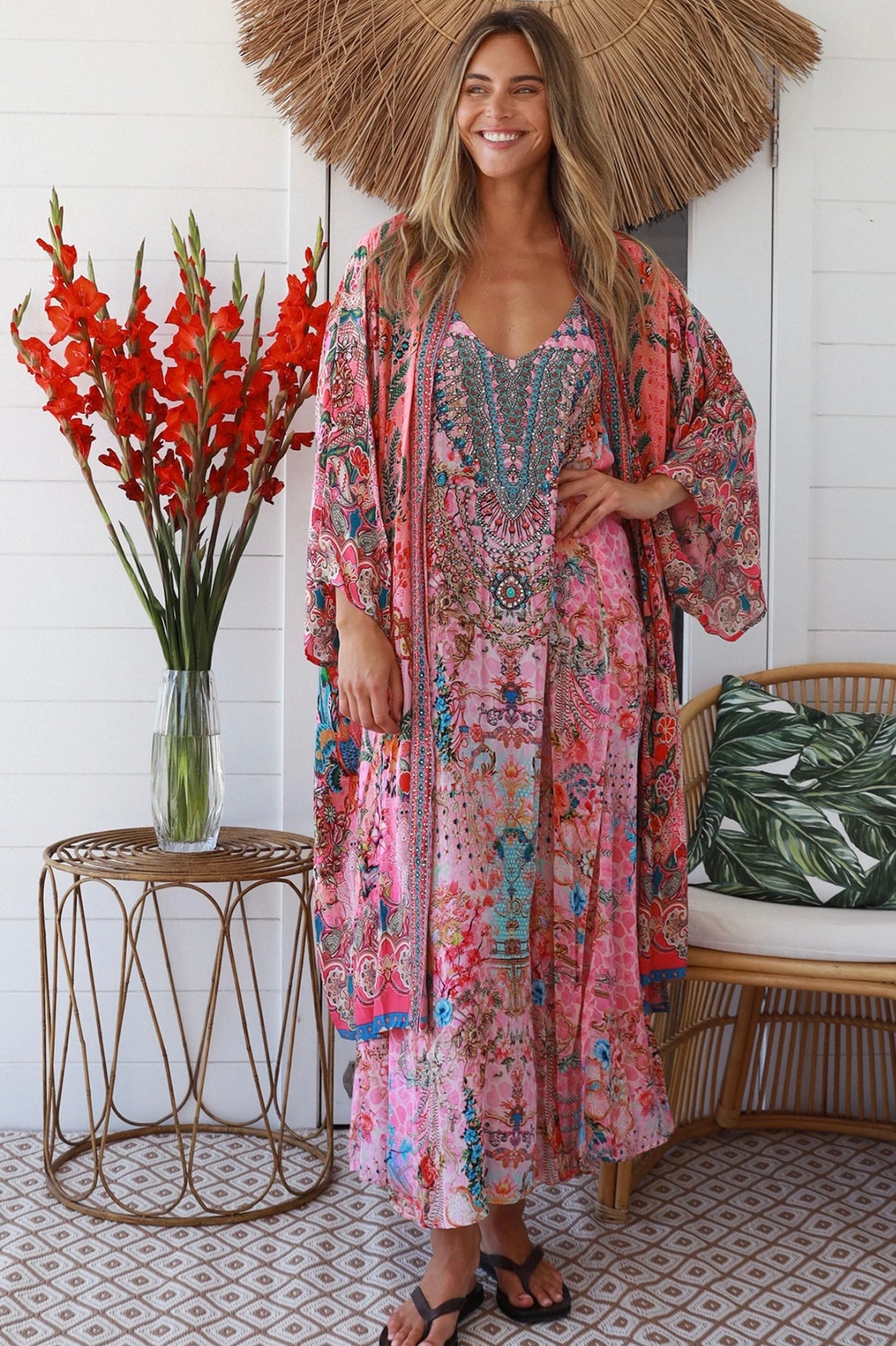 Kimono Crystal Luxe Multi Bloom Print Rose