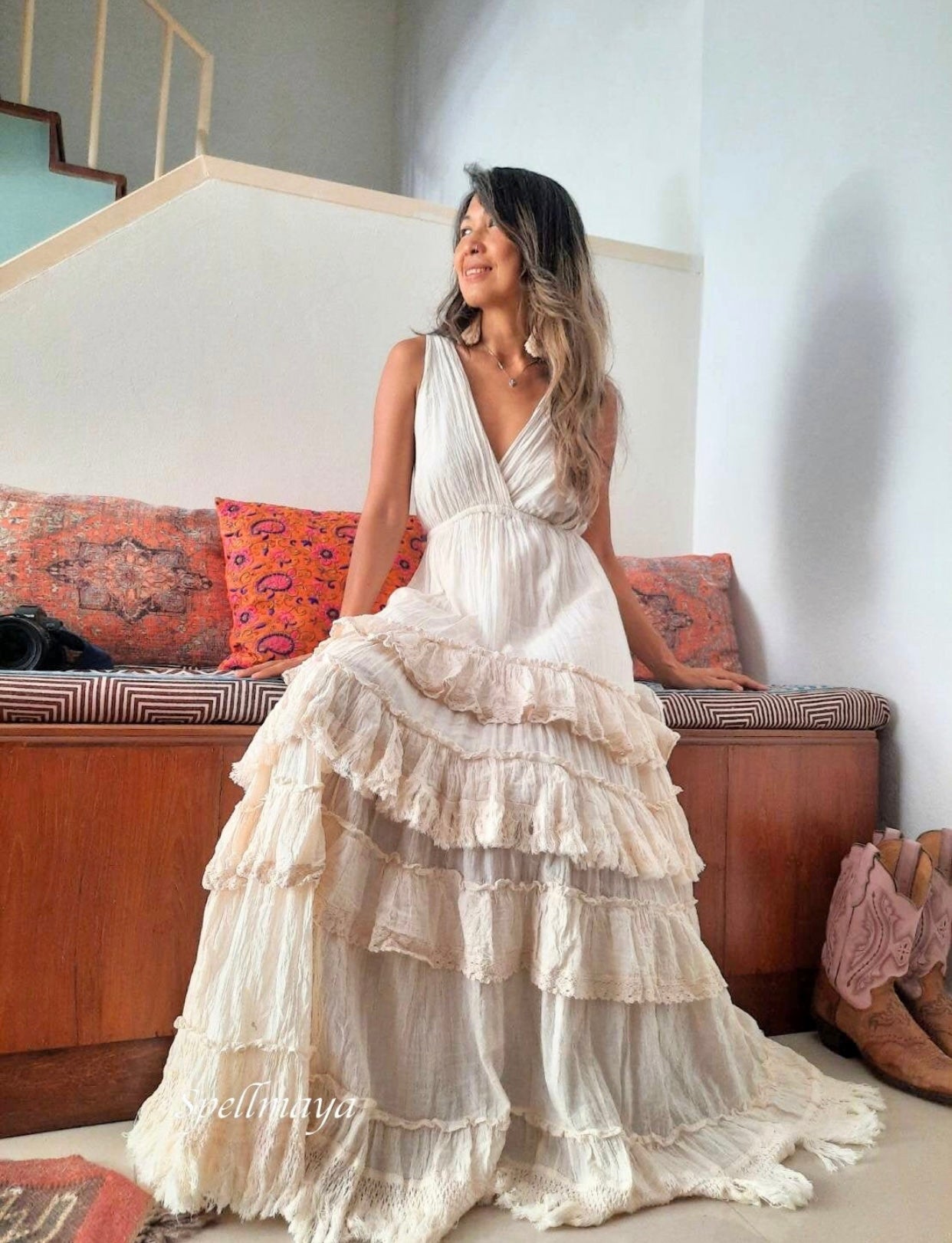 Ruffle Plunge Cotton Maxi Dress