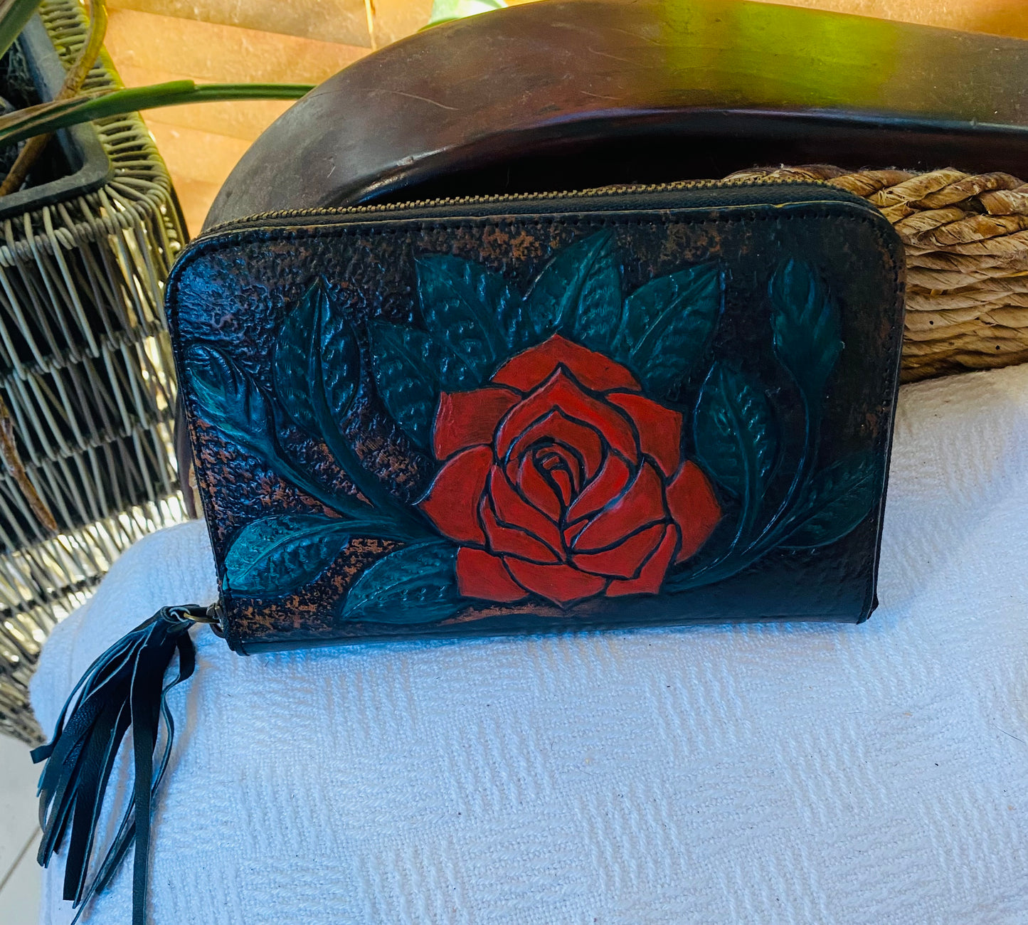 Western Rose Leather Purse Vintage Brown
