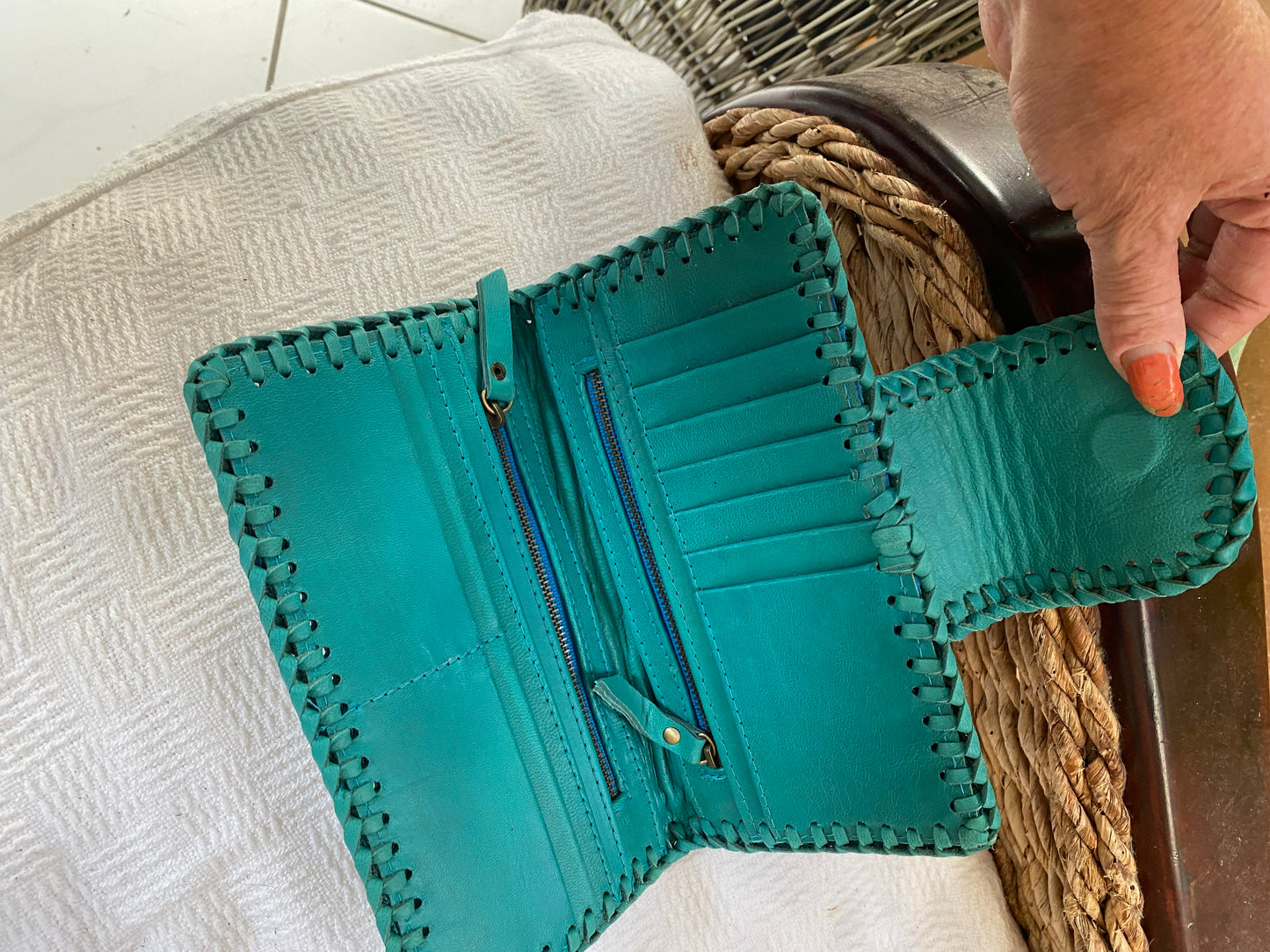 Aloha Mandala Leather Wallet Turquoise and Tan Plaid Stitching