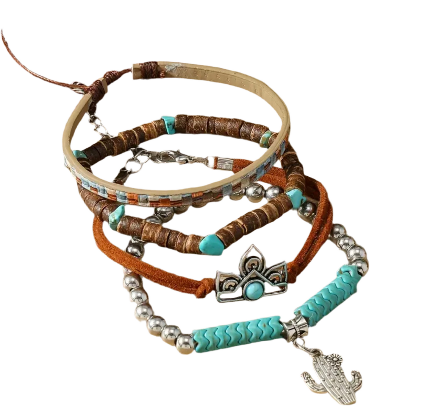 Boho Silver Plated Charms Leather Layered Bracelet Turquoise Beads