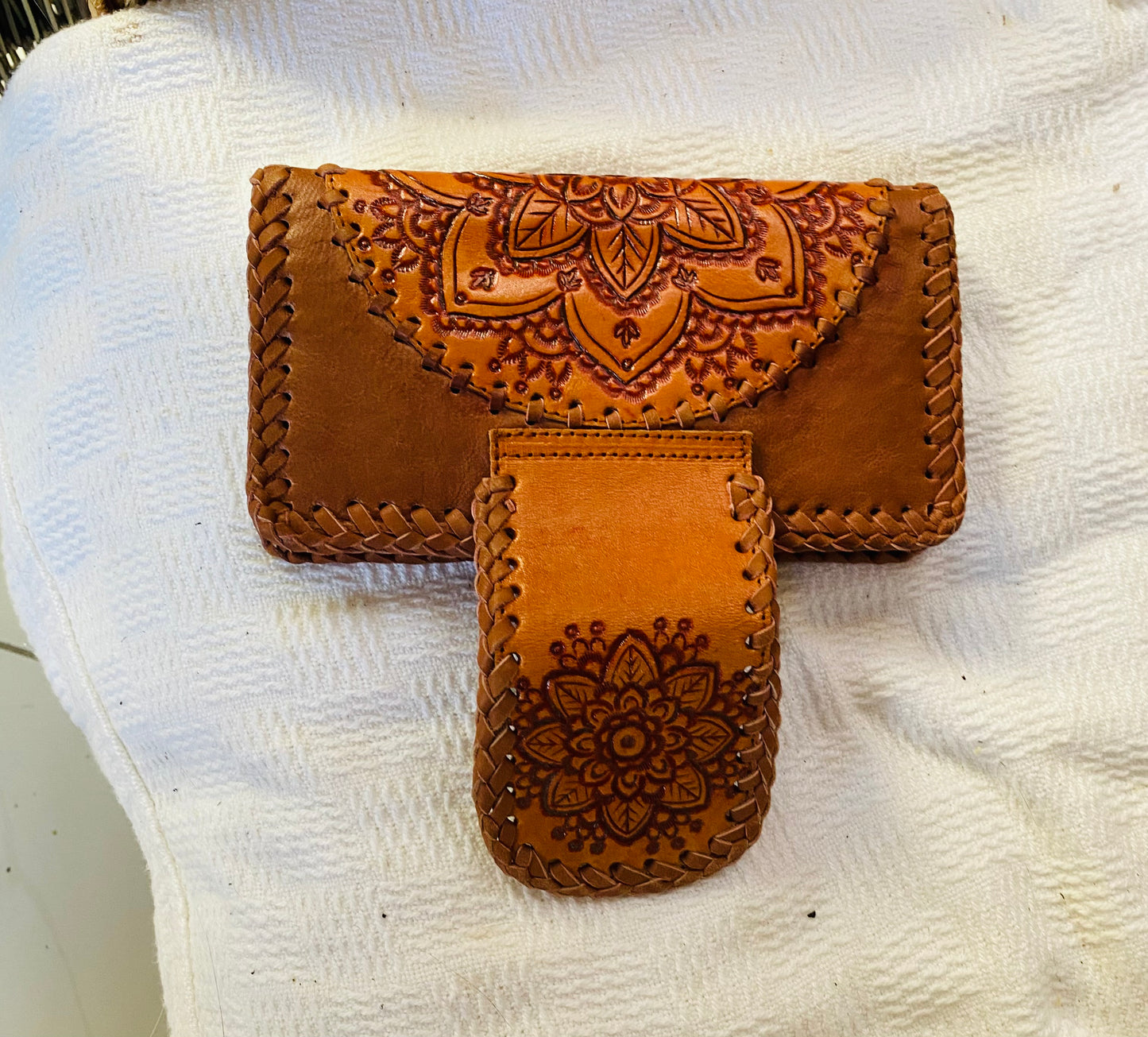Aloha Mandala Leather Wallet Rustic Brown Plaid Stitching