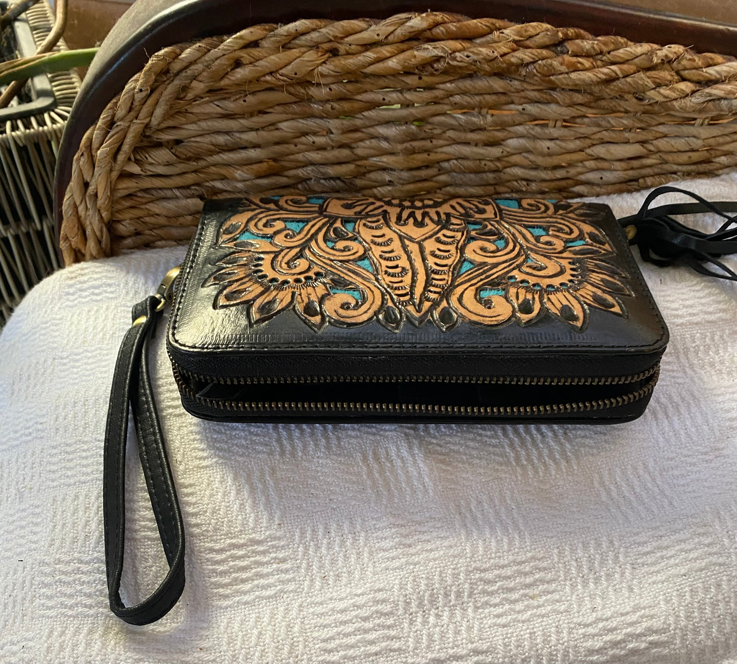 Majestic Carved Leather Wallet Black Turquoise Inlay