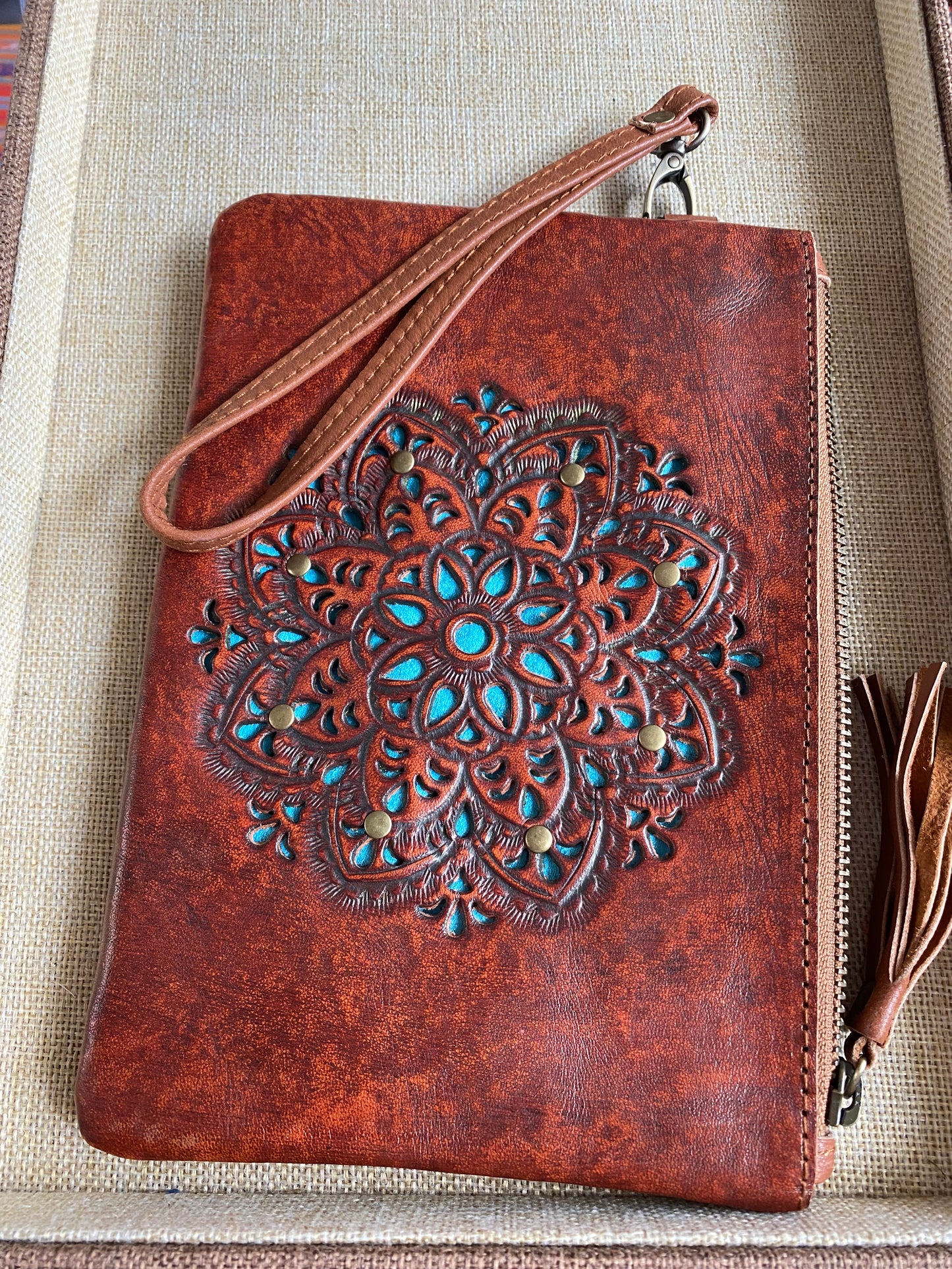 Mandala Leather Clutch with Strap