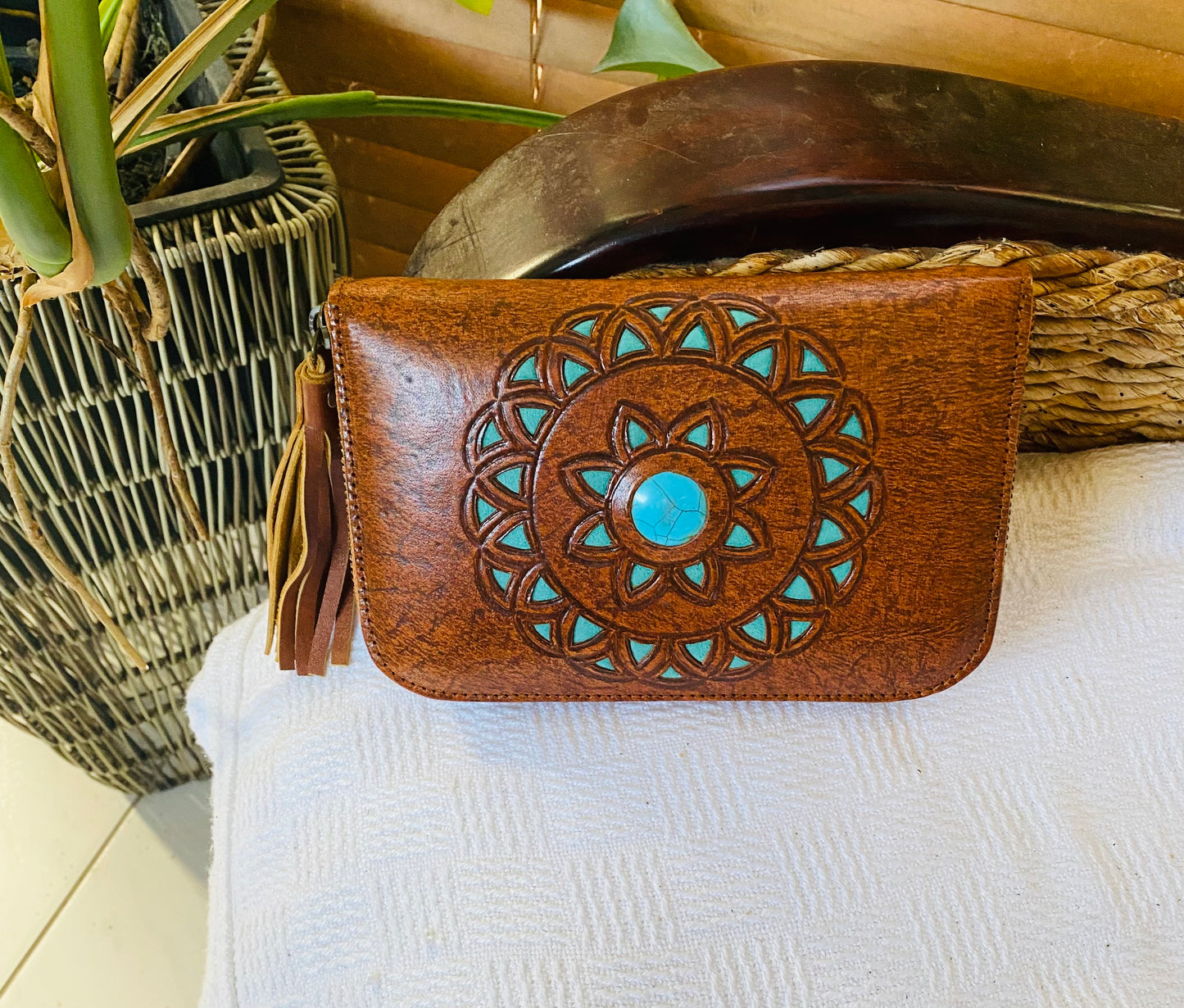 Celtic Moon Leather Wallet Rustic Brown With Turquoise Stone