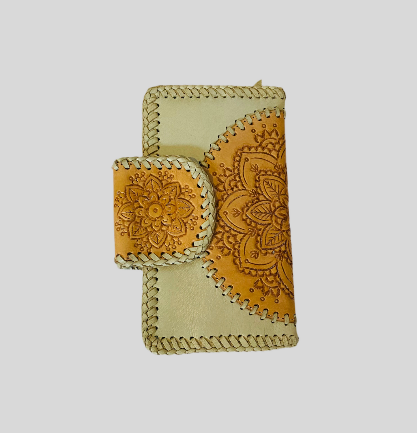Aloha Mandala Leather Wallet Beige and Tan Plaid Stitching