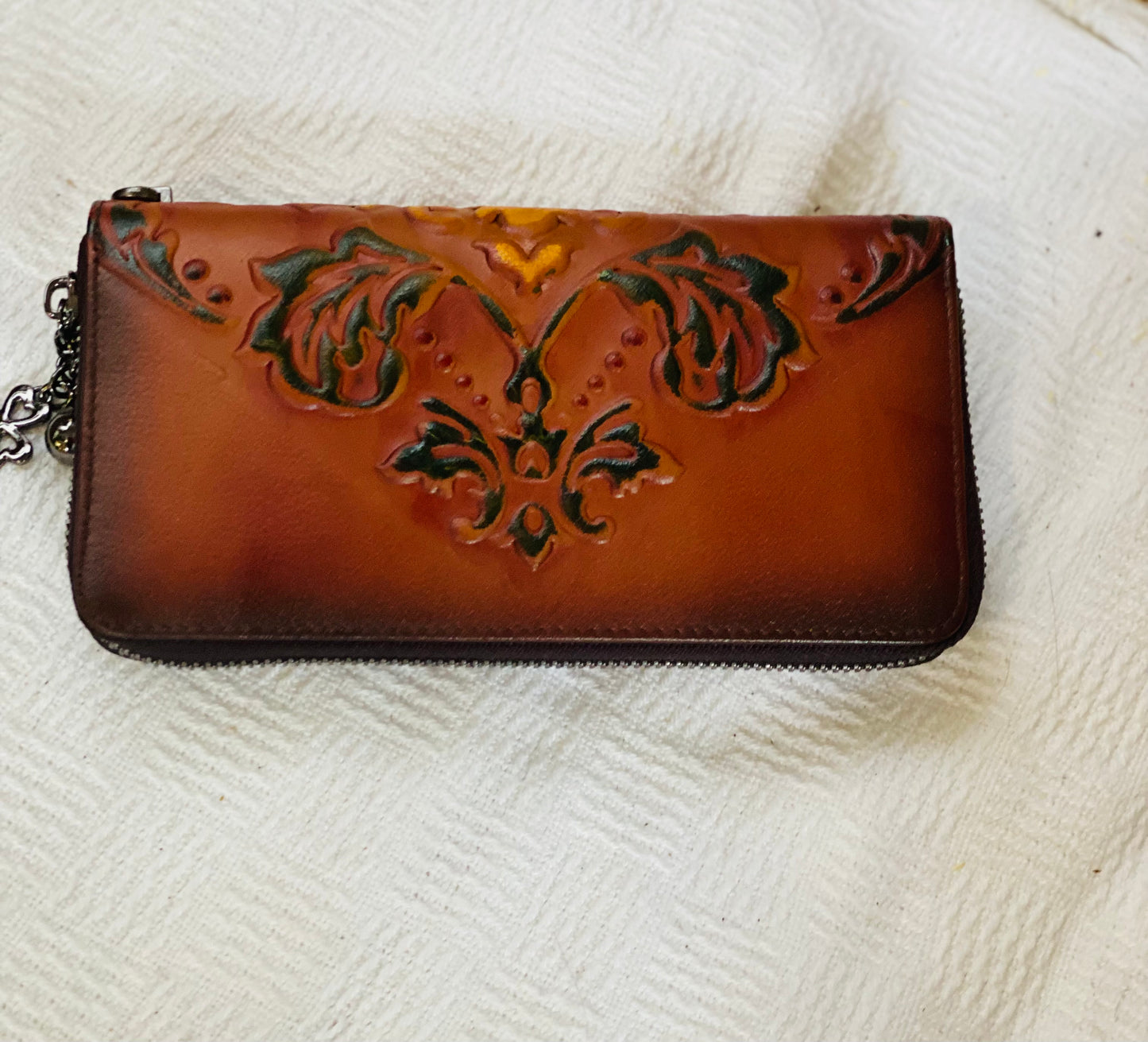 Leather Purse Dark Rustic Brown Filagree Print