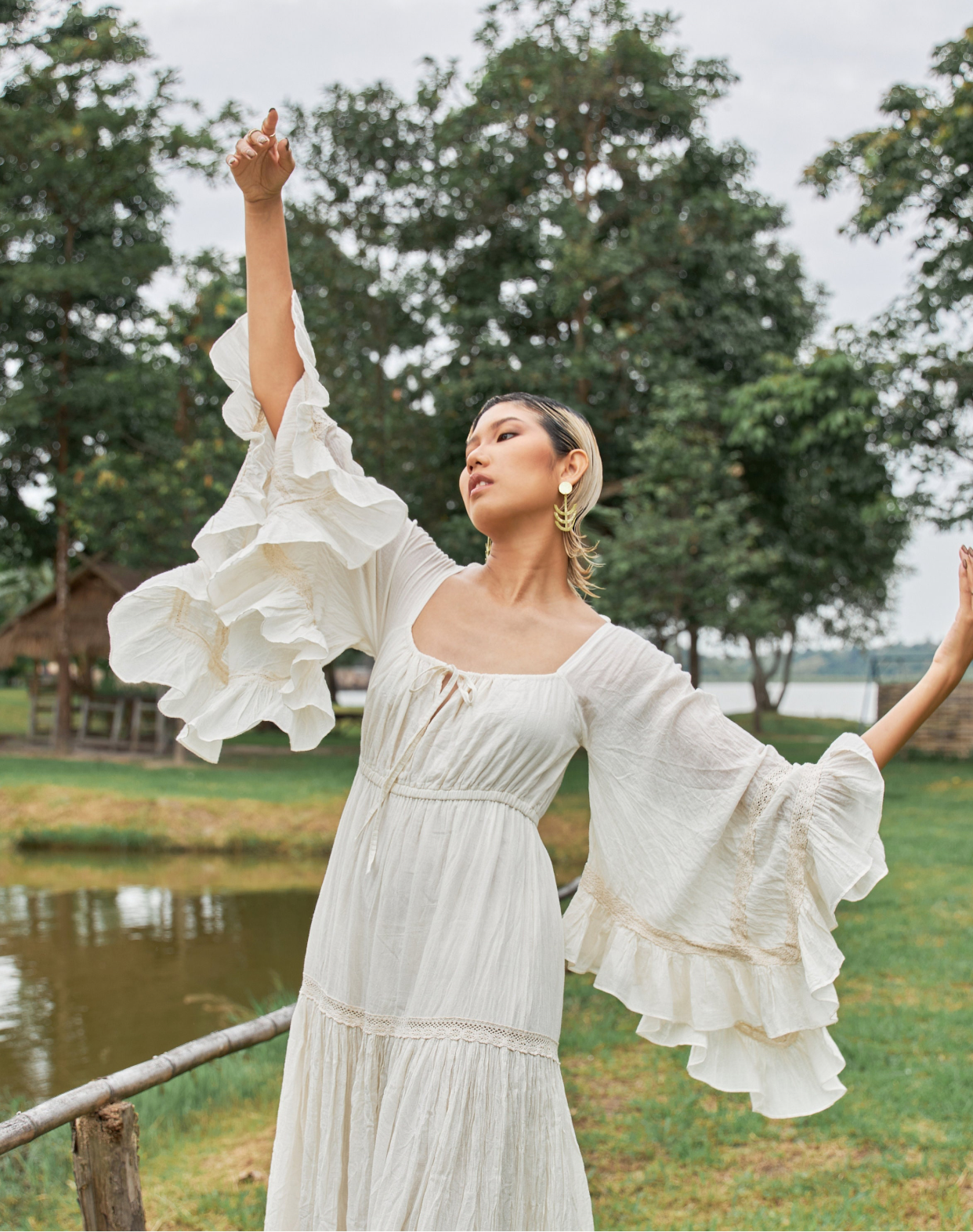 Angel Sleeves Maxi Dress Cotton-Trim-LaceUp Front