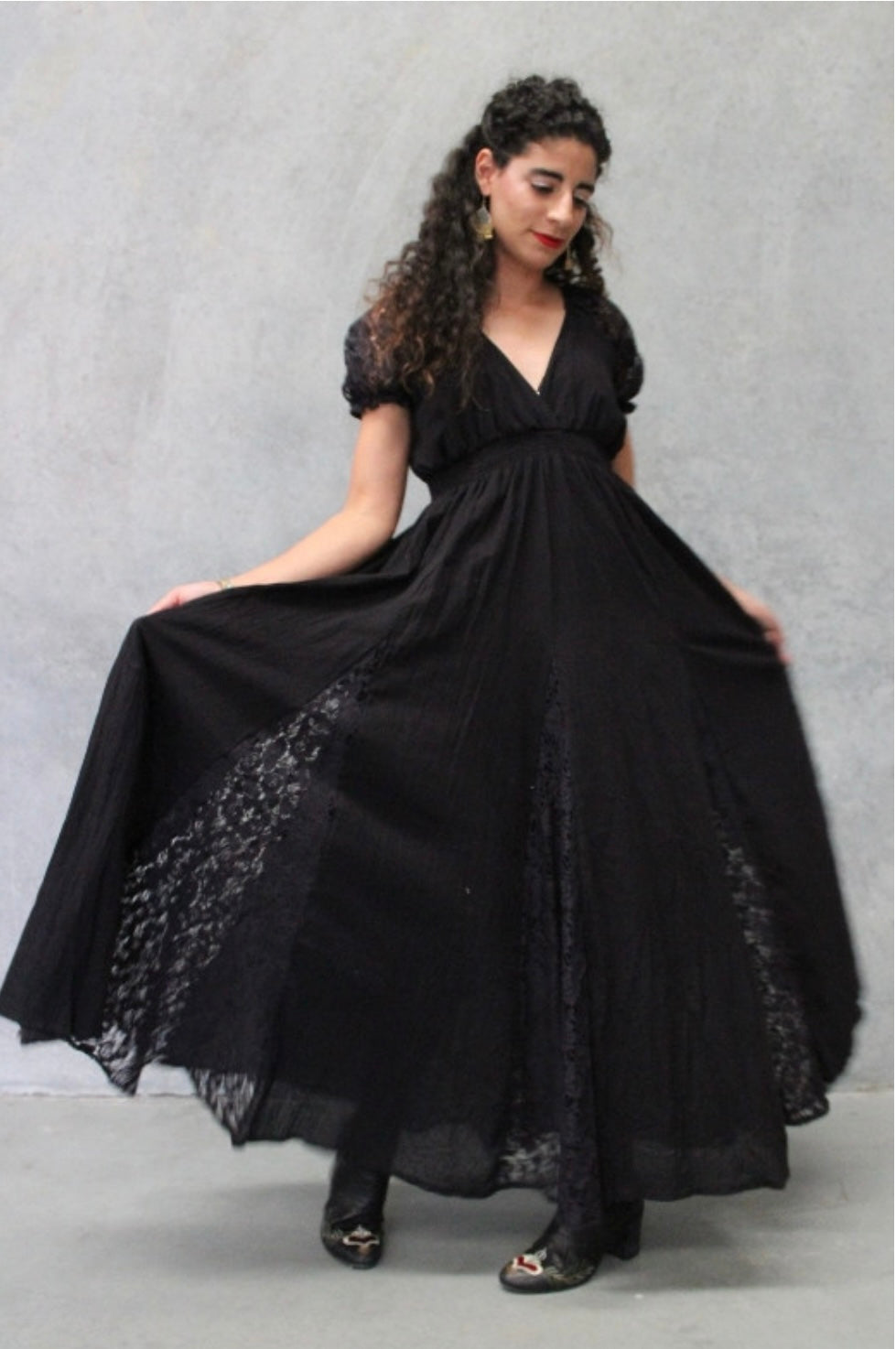 Prairie Maxi Dress Black Cotton With Full Lace Panels