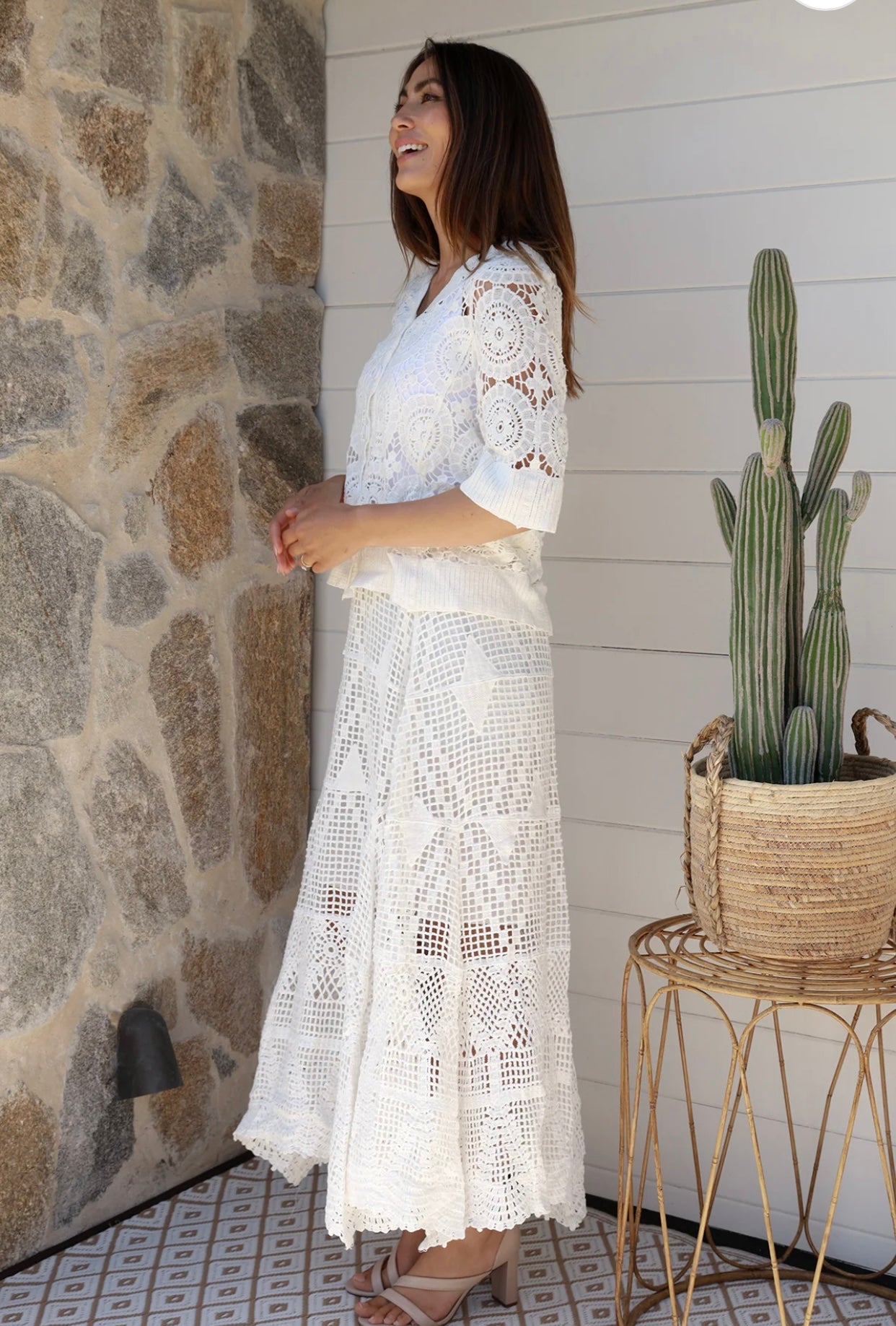 Midi Length Skirt Lace Poly Cotton White