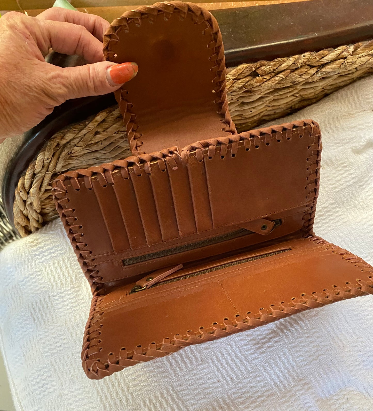 Aloha Mandala Leather Wallet Rustic Brown Plaid Stitching