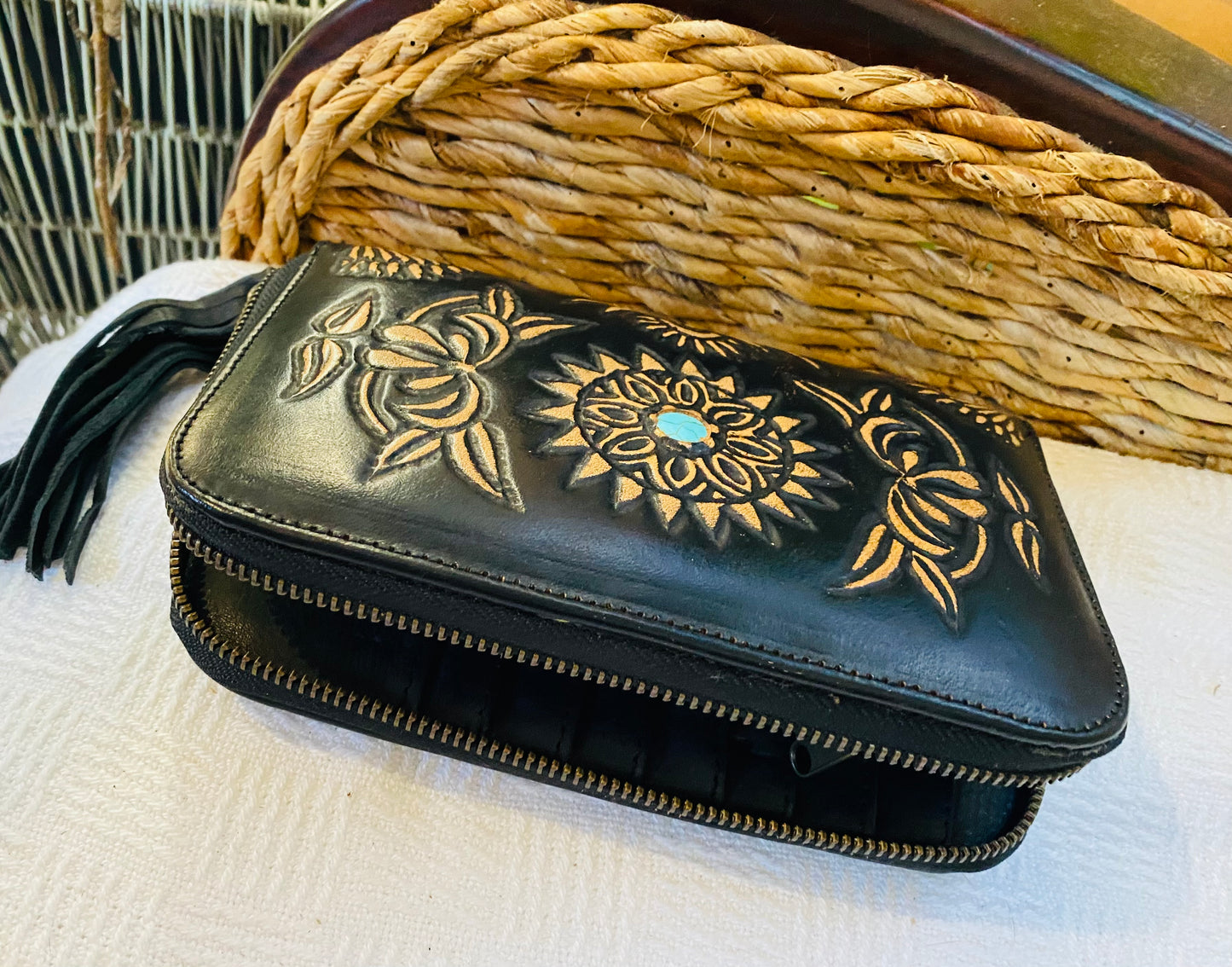 Cosmic Sun Leather Wallet Black With Turquoise Stone
