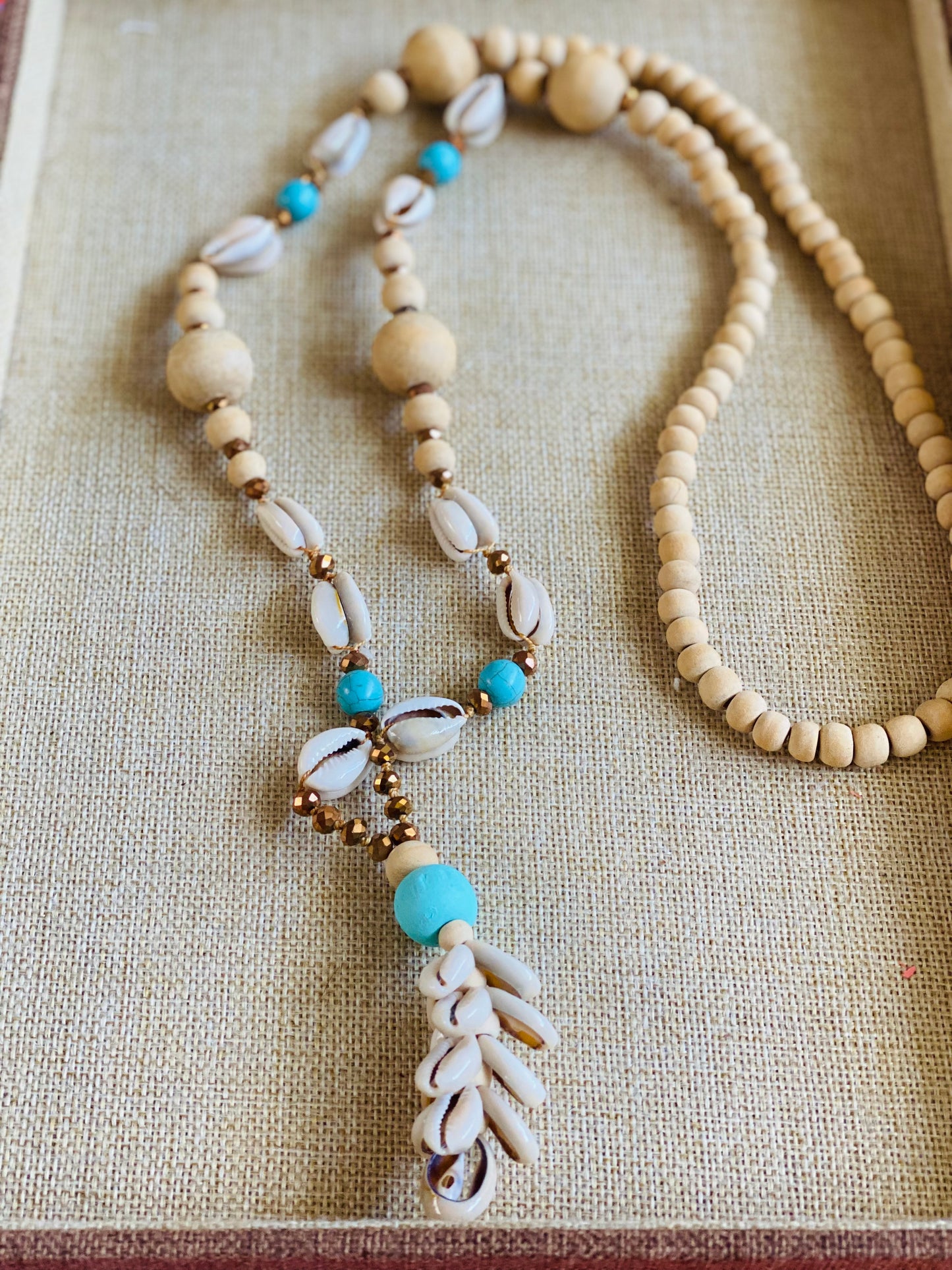 Natural Wood Beaded Shell Garland Necklace