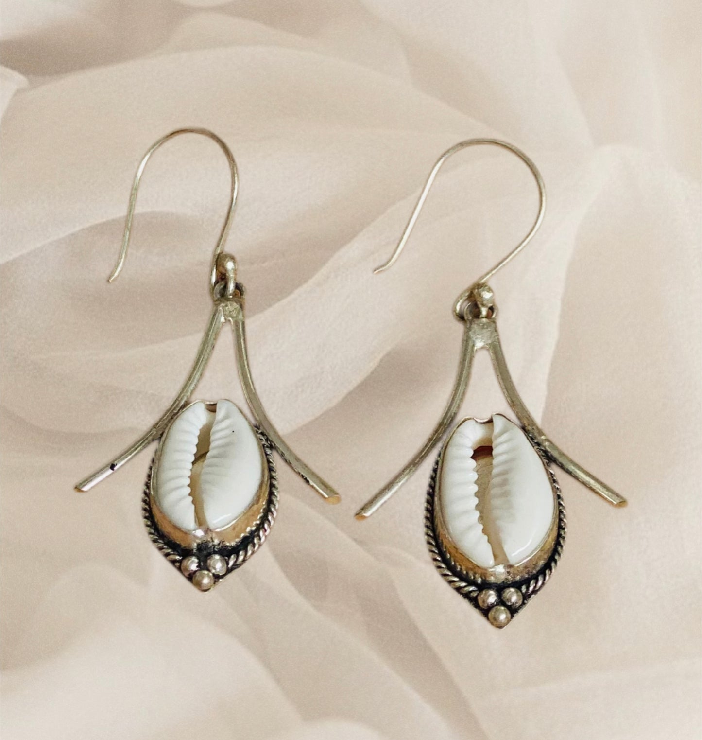 Cowrie Shell Fan Earrings Sterling Silver