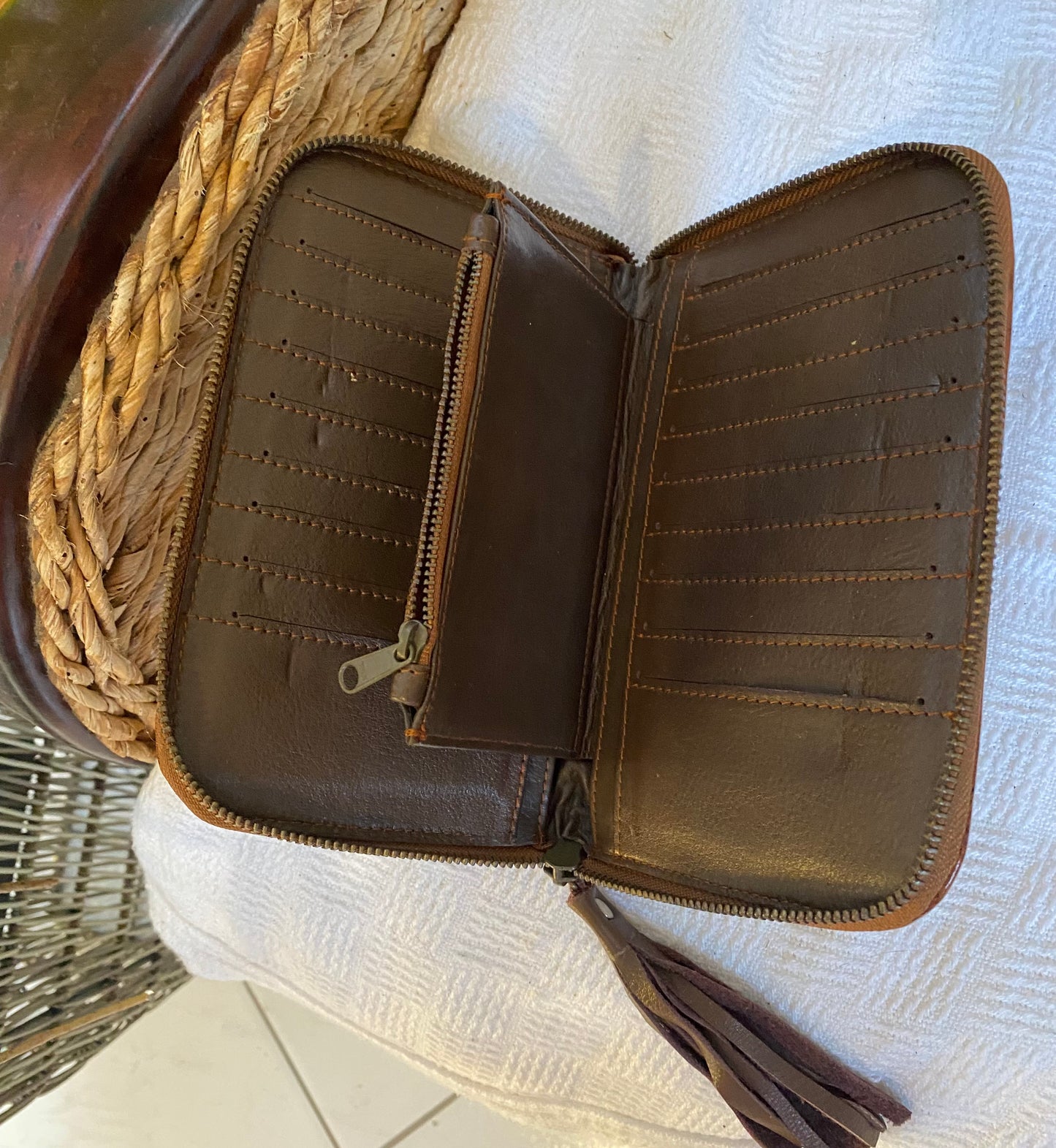 Lotus Carved Leather Wallet Turquoise Inlay and Stone