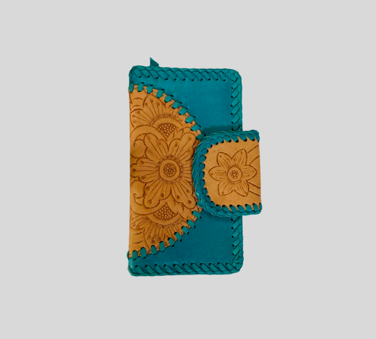 Aloha Mandala Leather Wallet Turquoise and Tan Plaid Stitching