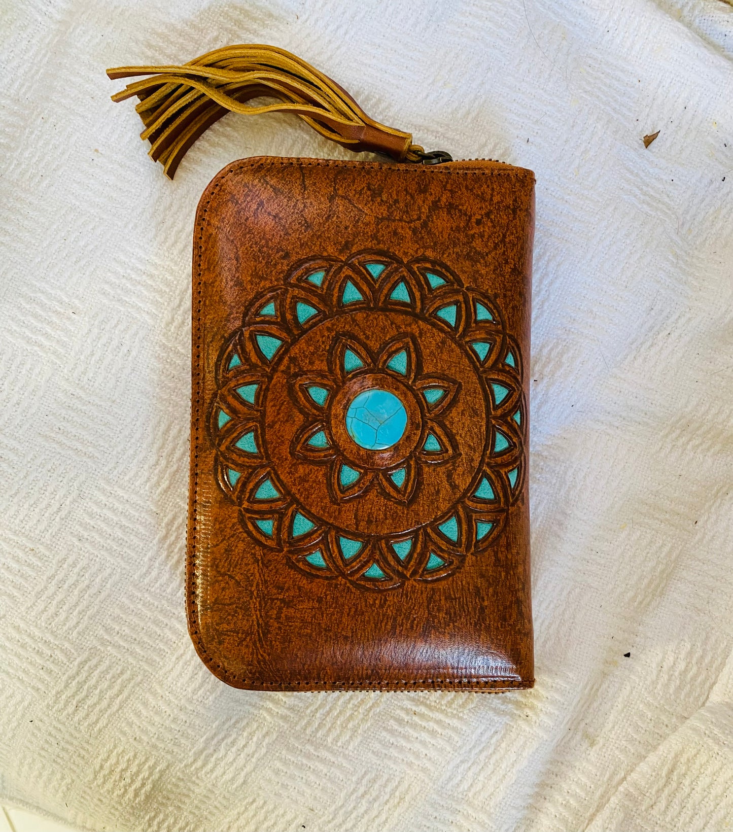 Celtic Moon Leather Wallet Rustic Brown With Turquoise Stone
