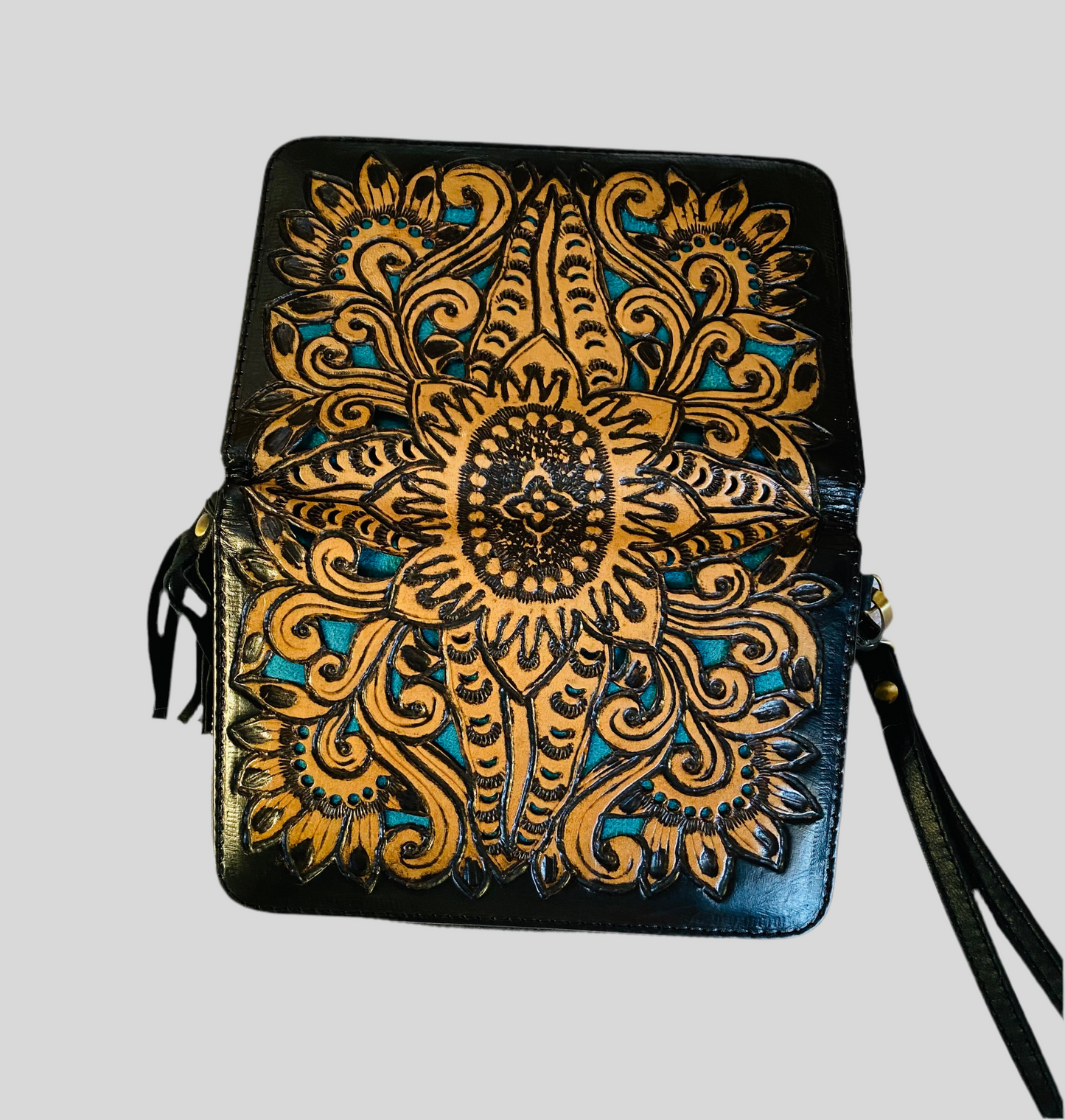 Majestic Carved Leather Wallet Black Turquoise Inlay