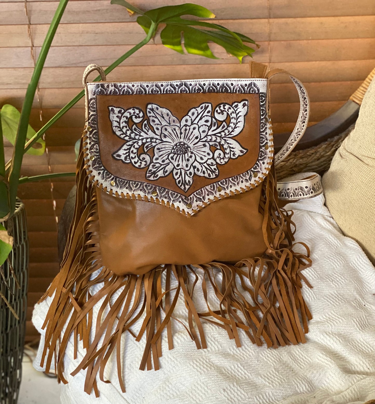 Orchid Leather Satchel Bag with Fringe Tassels Tan