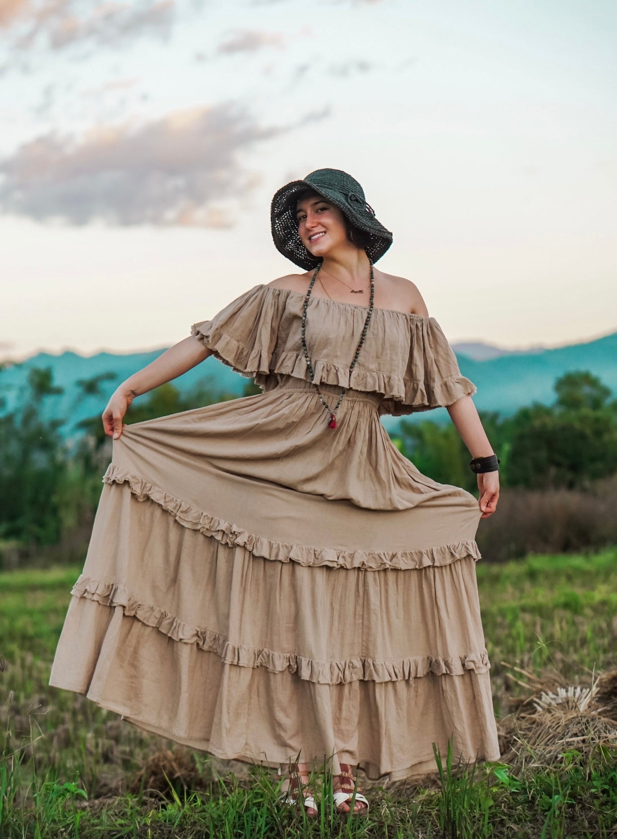 Off The Shoulder Maxi Dress Elastic Waist Latte