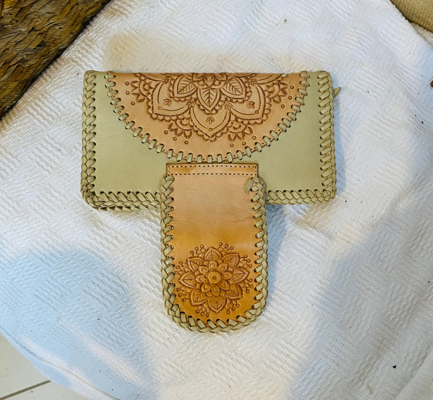 Aloha Mandala Leather Wallet Beige and Tan Plaid Stitching