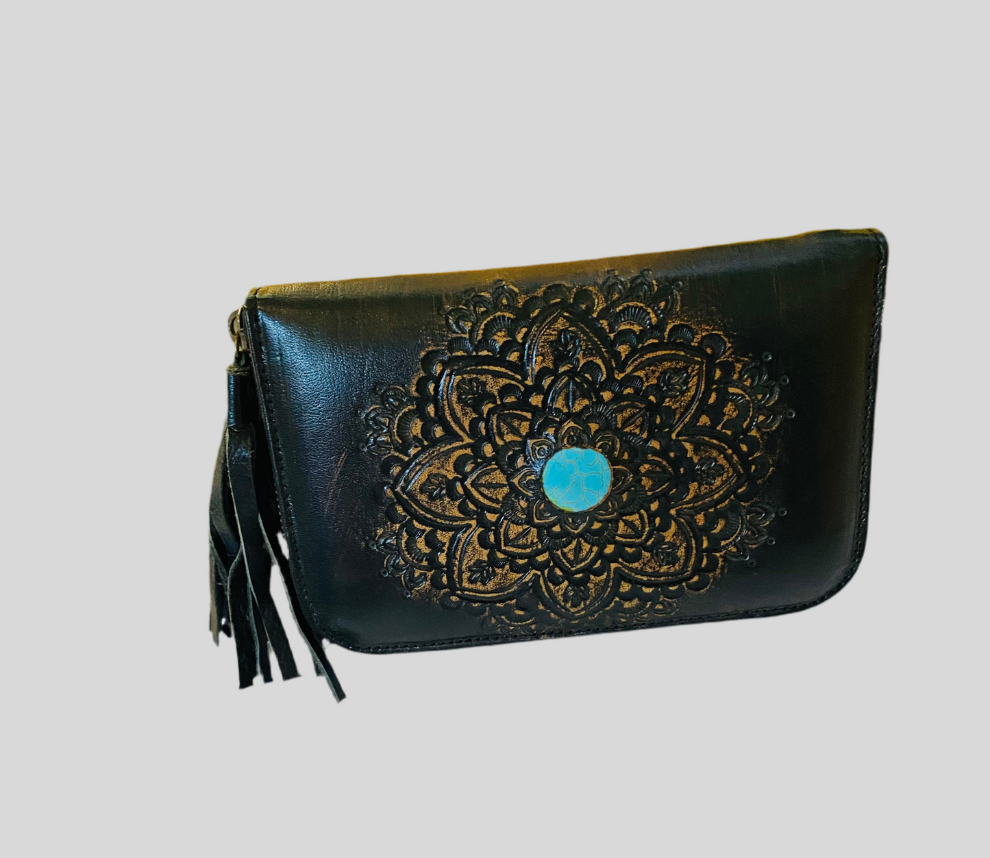 Mandala Leather Wallet Black With Turquoise Stone