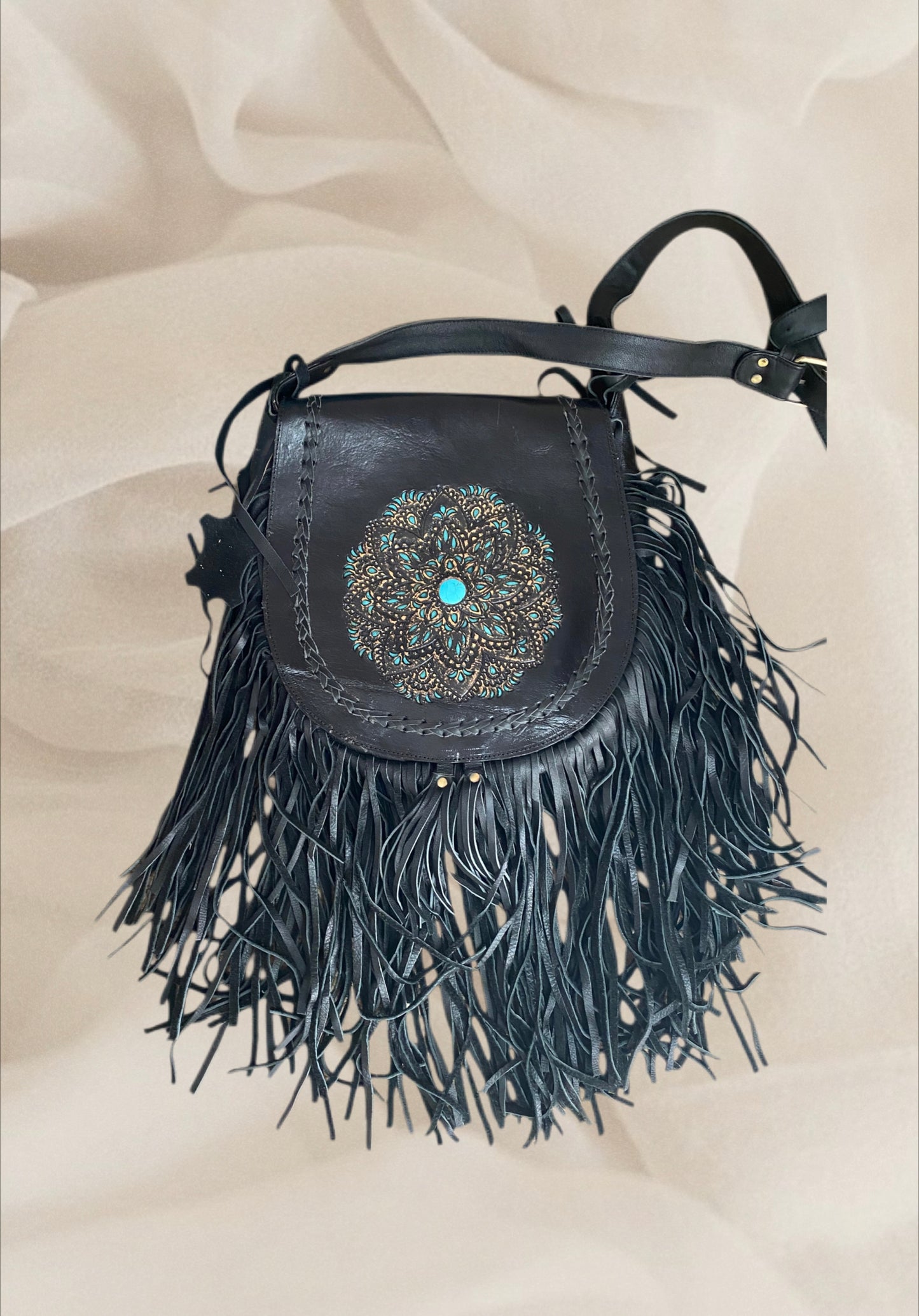 Leather Turquoise Flower Bag Fringe Tassels Black