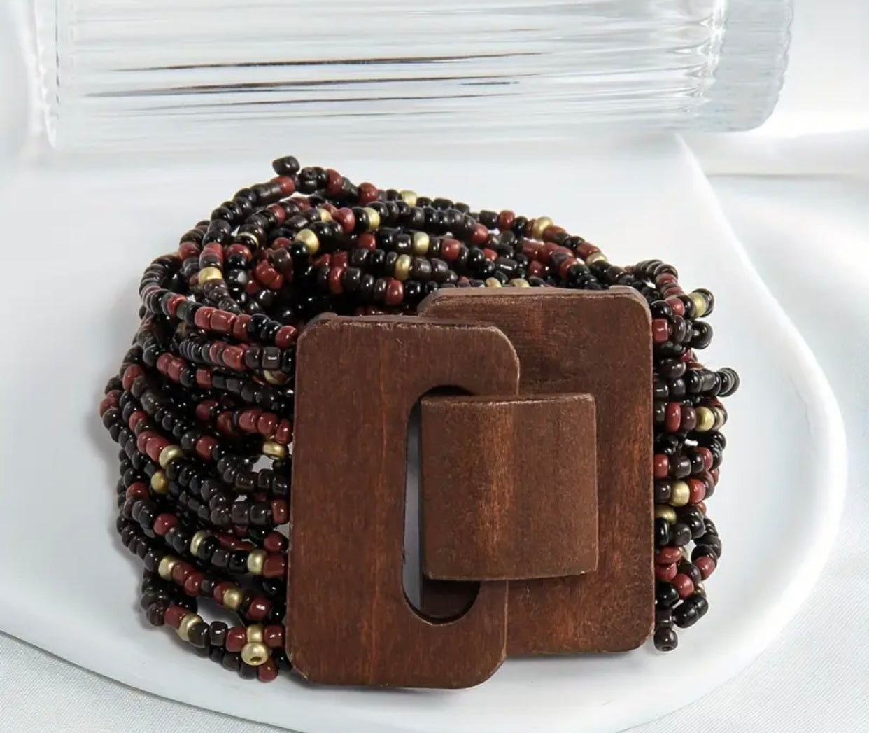 Wood Buckle Multi Strand Elastic Stretch Beaded Bracelet Black