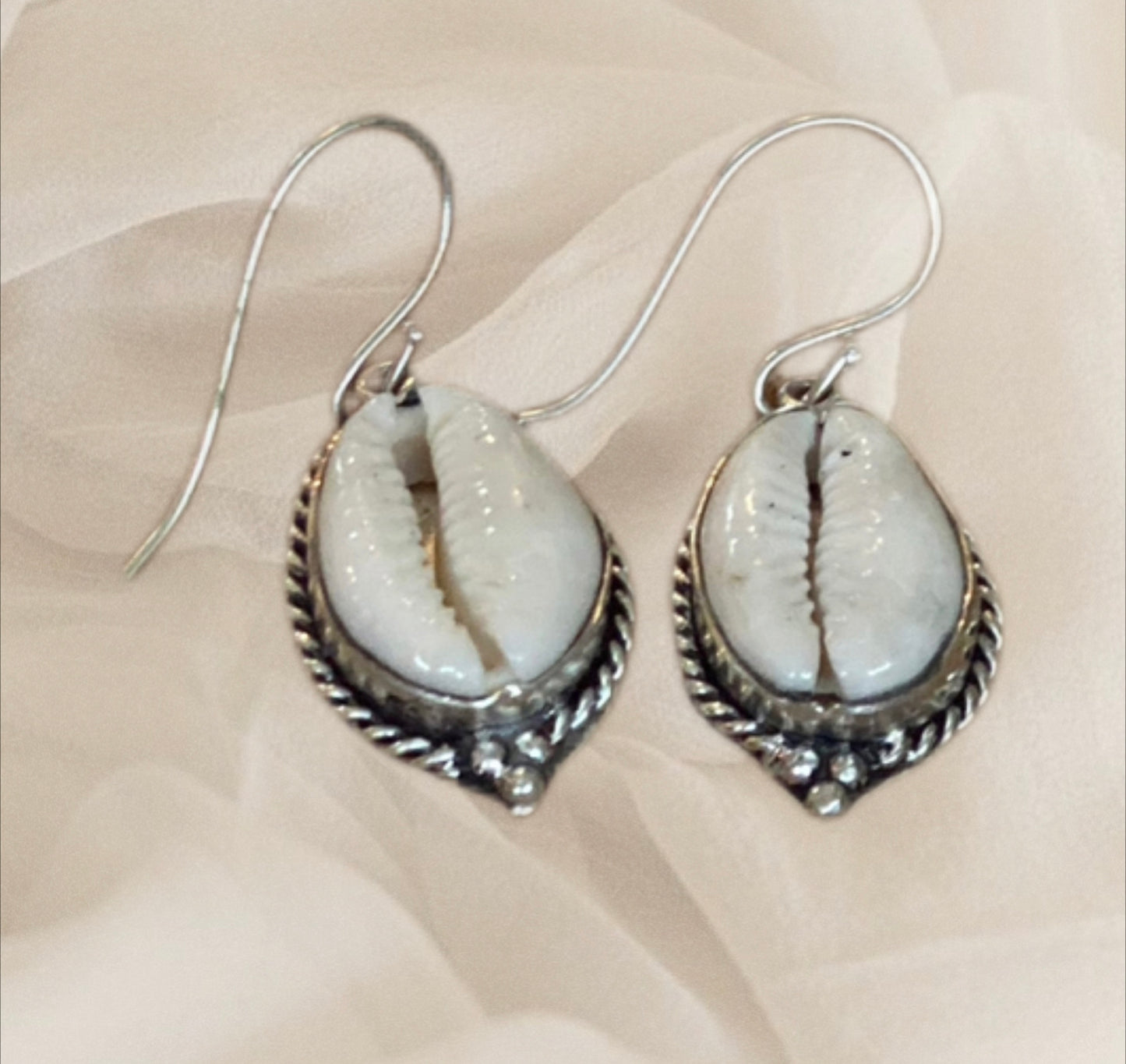 Cowrie Shell Filagree Earrings Set Into Sterling Silver