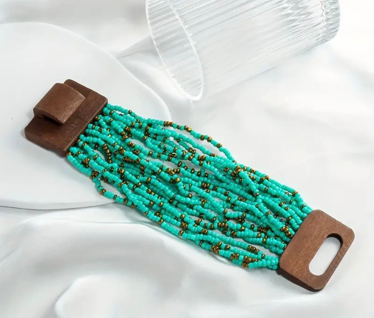 Wood Buckle Multi Strand Elastic Stretch Beaded Bracelet