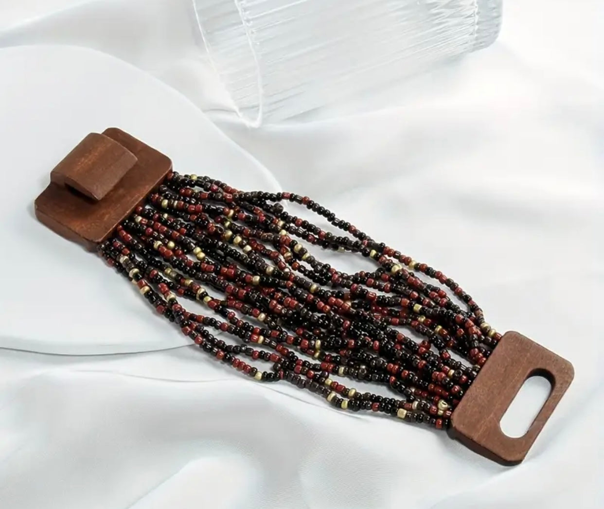 Wood Buckle Multi Strand Elastic Stretch Beaded Bracelet Black