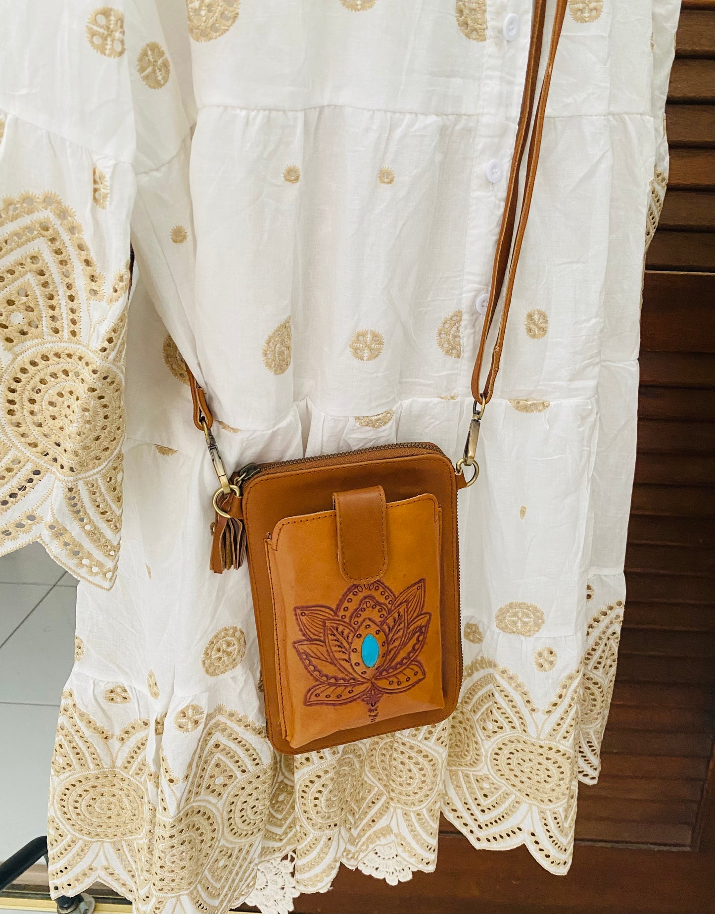 Lotus Phone Wallet Pouch Bag With Turquoise Stone