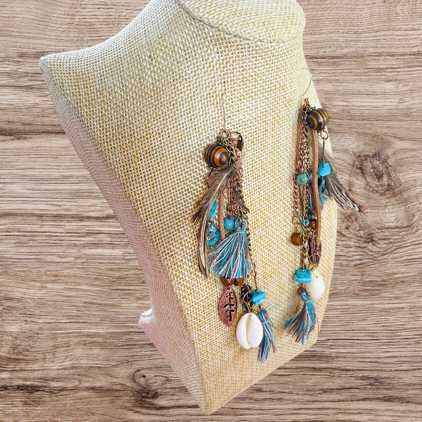 Boho Feather Cluster Drop Hook Earrings