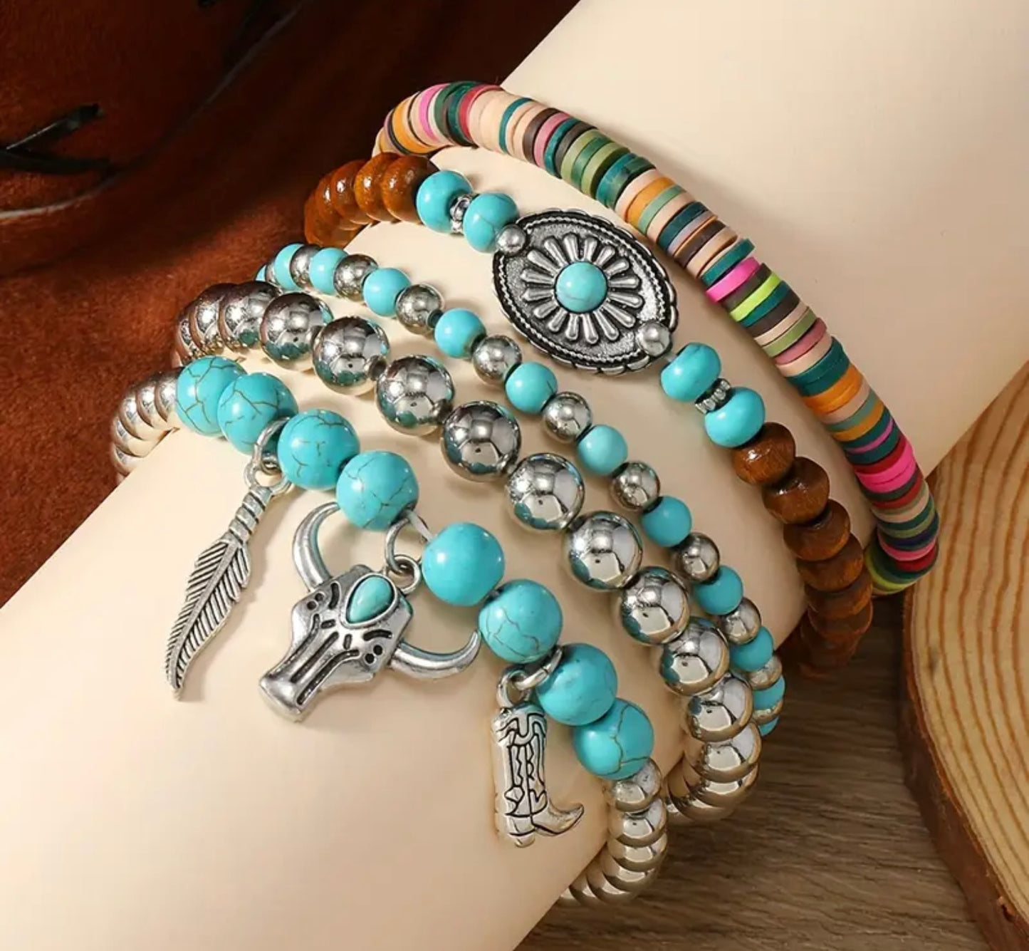 Boho Silver Plated Charms Beaded Layered Bracelet Turquoise Beads