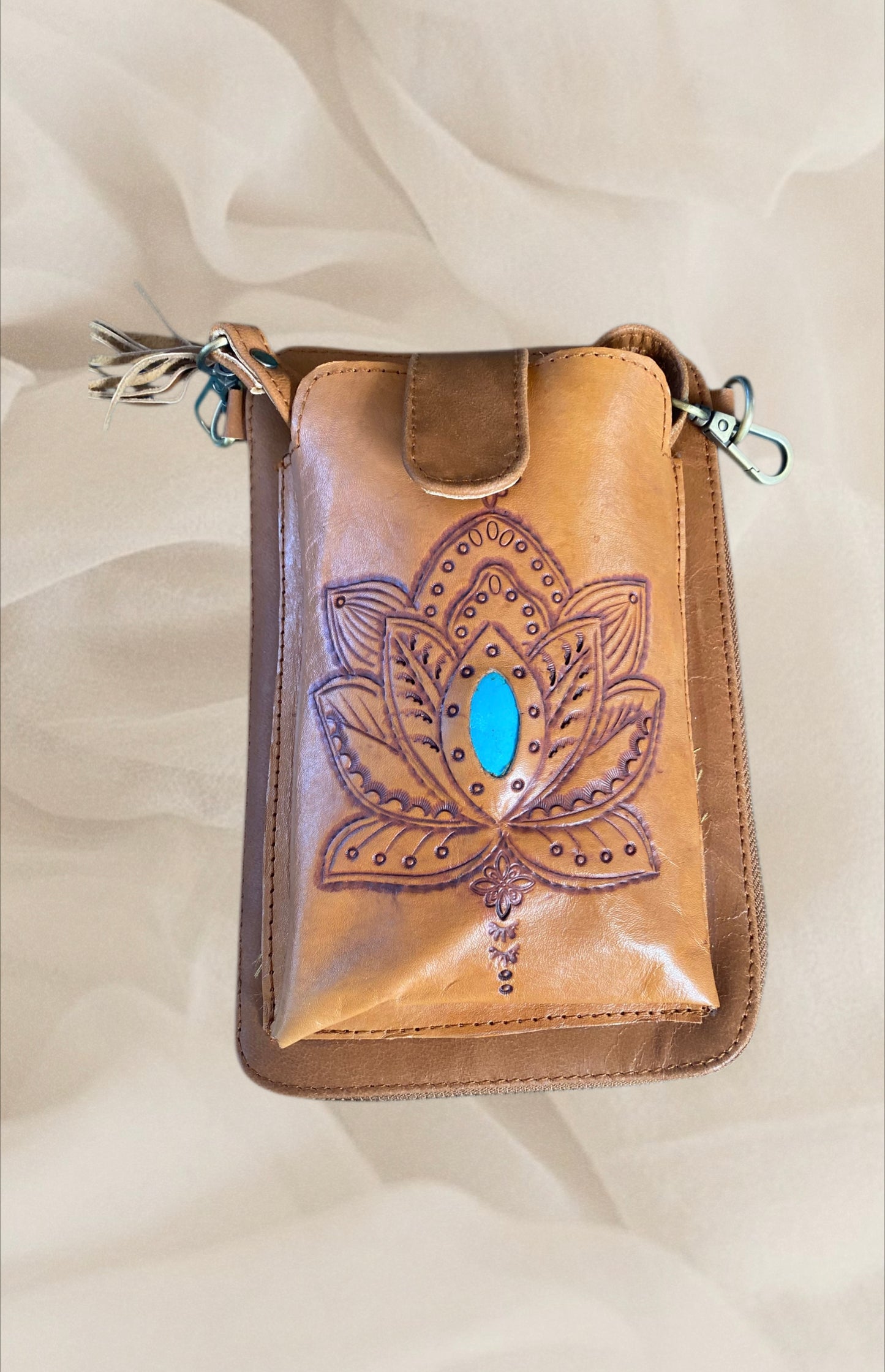 Lotus Phone Wallet Pouch Bag With Turquoise Stone