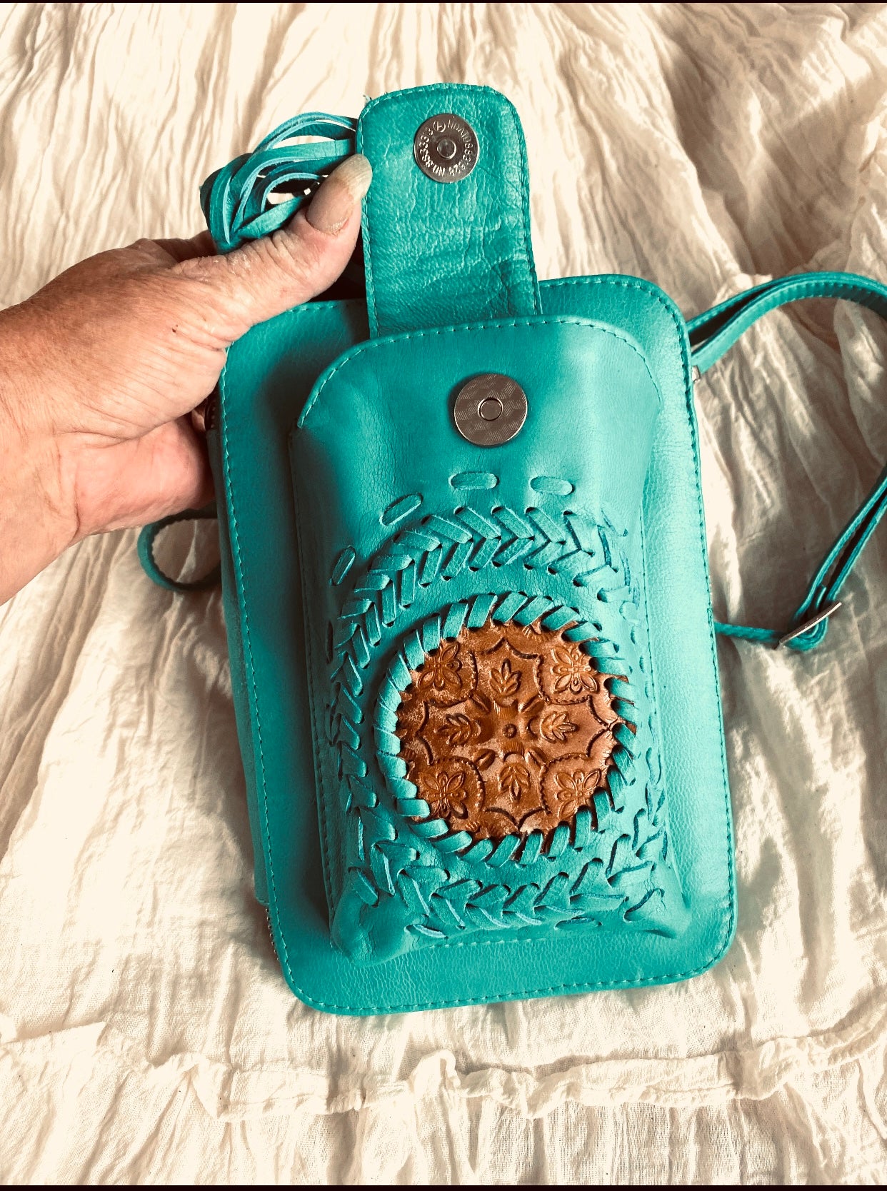 Mandala Inlay Plaid Leather Phone Wallet Pouch Bag