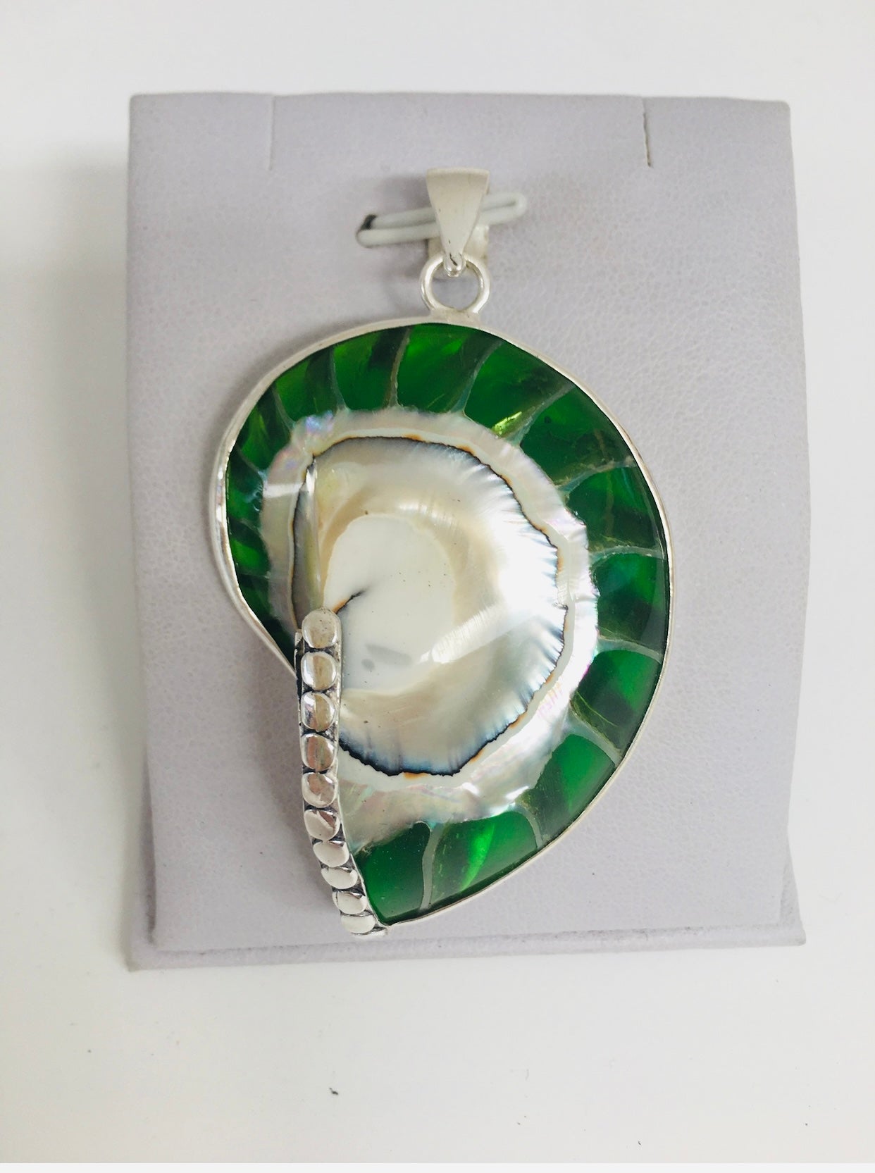 Large Green Nautilus Shell Pendant With Inlay Sterling Silver