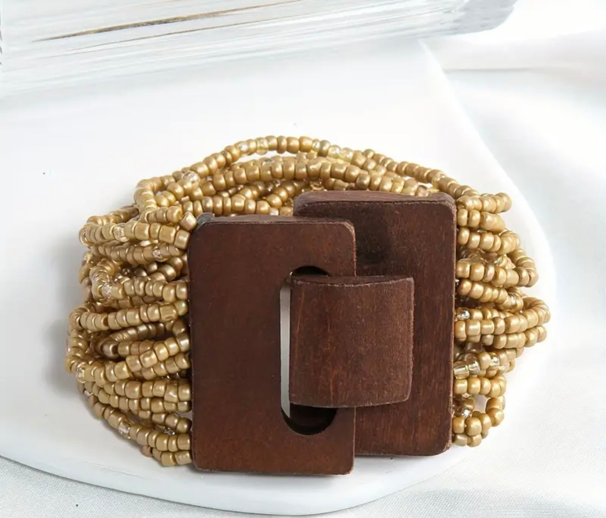 Wood Buckle Multi Strand Elastic Stretch Beaded Bracelet Gold
