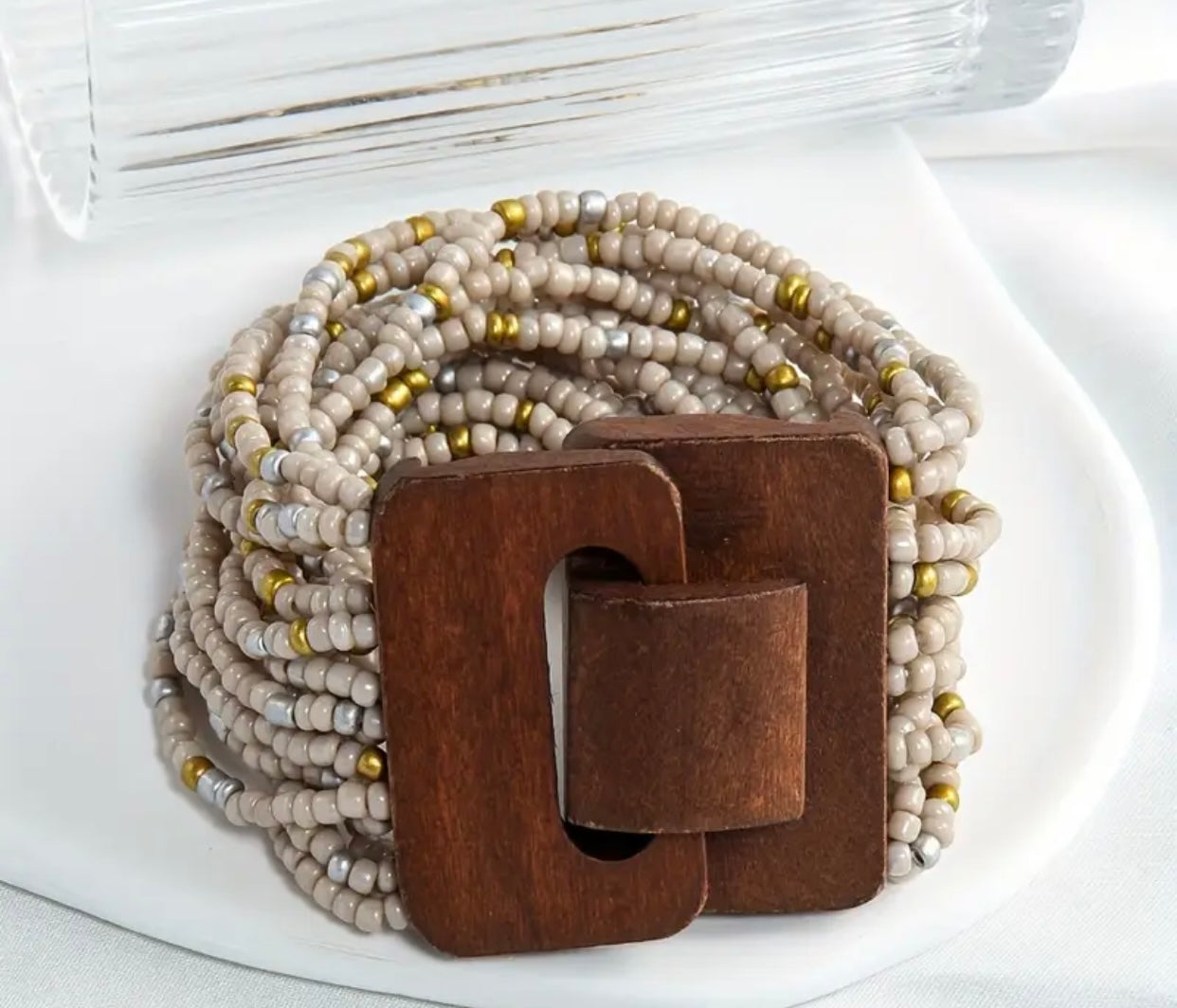 Wood Buckle Multi Strand Elastic Stretch Beaded Bracelet Natural