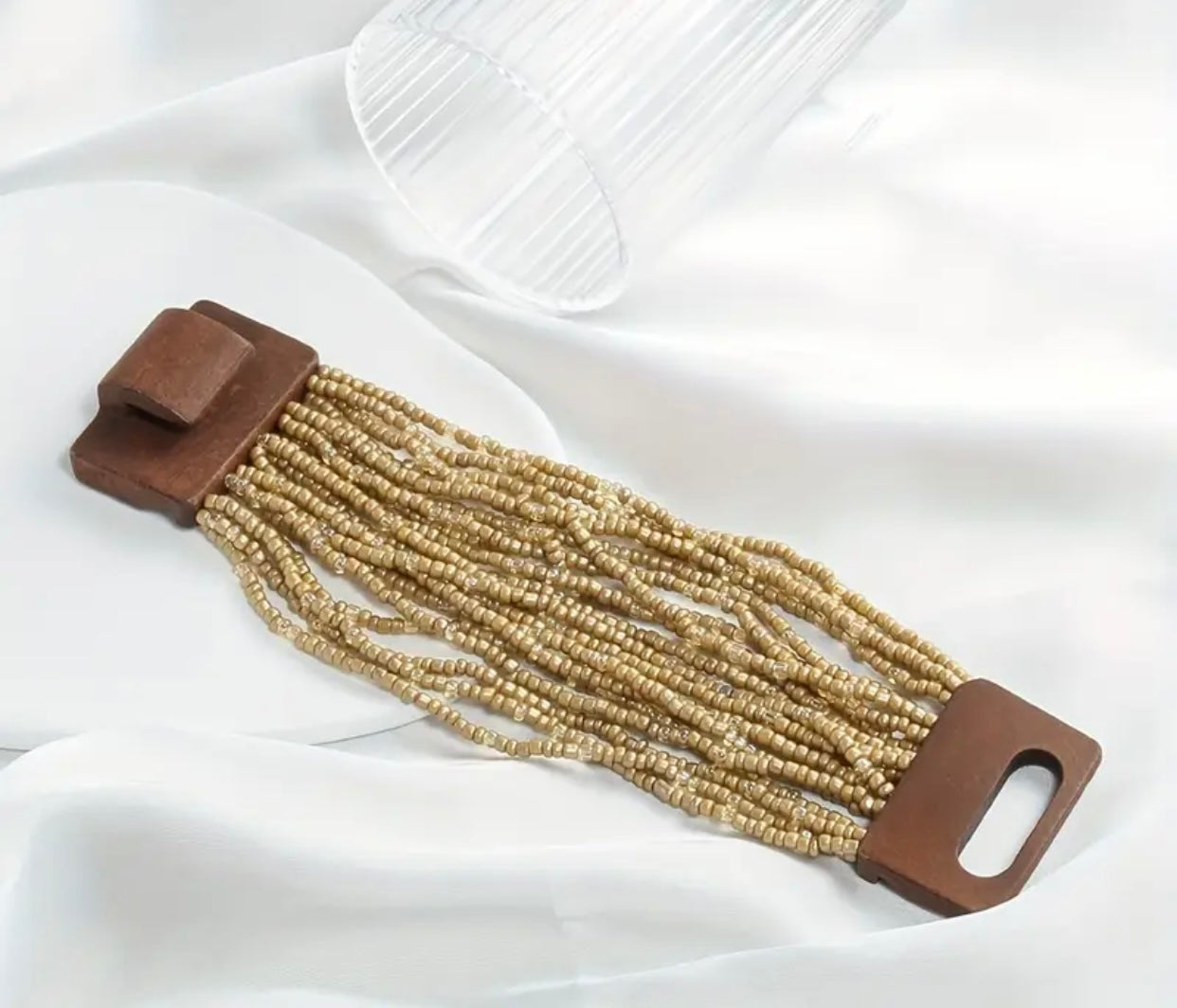 Wood Buckle Multi Strand Elastic Stretch Beaded Bracelet Gold