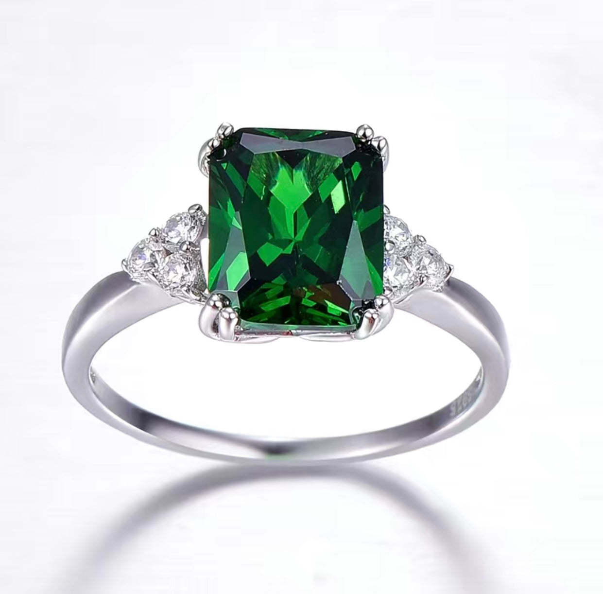 Emerald Ring With Cubic Zirconias Sterling Silver