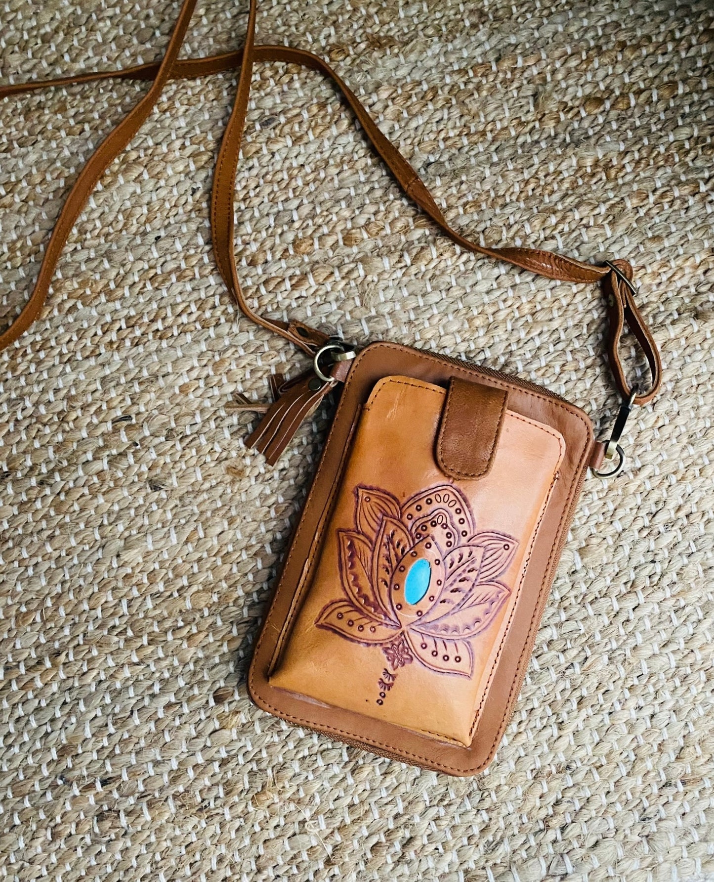 Lotus Phone Wallet Pouch Bag With Turquoise Stone