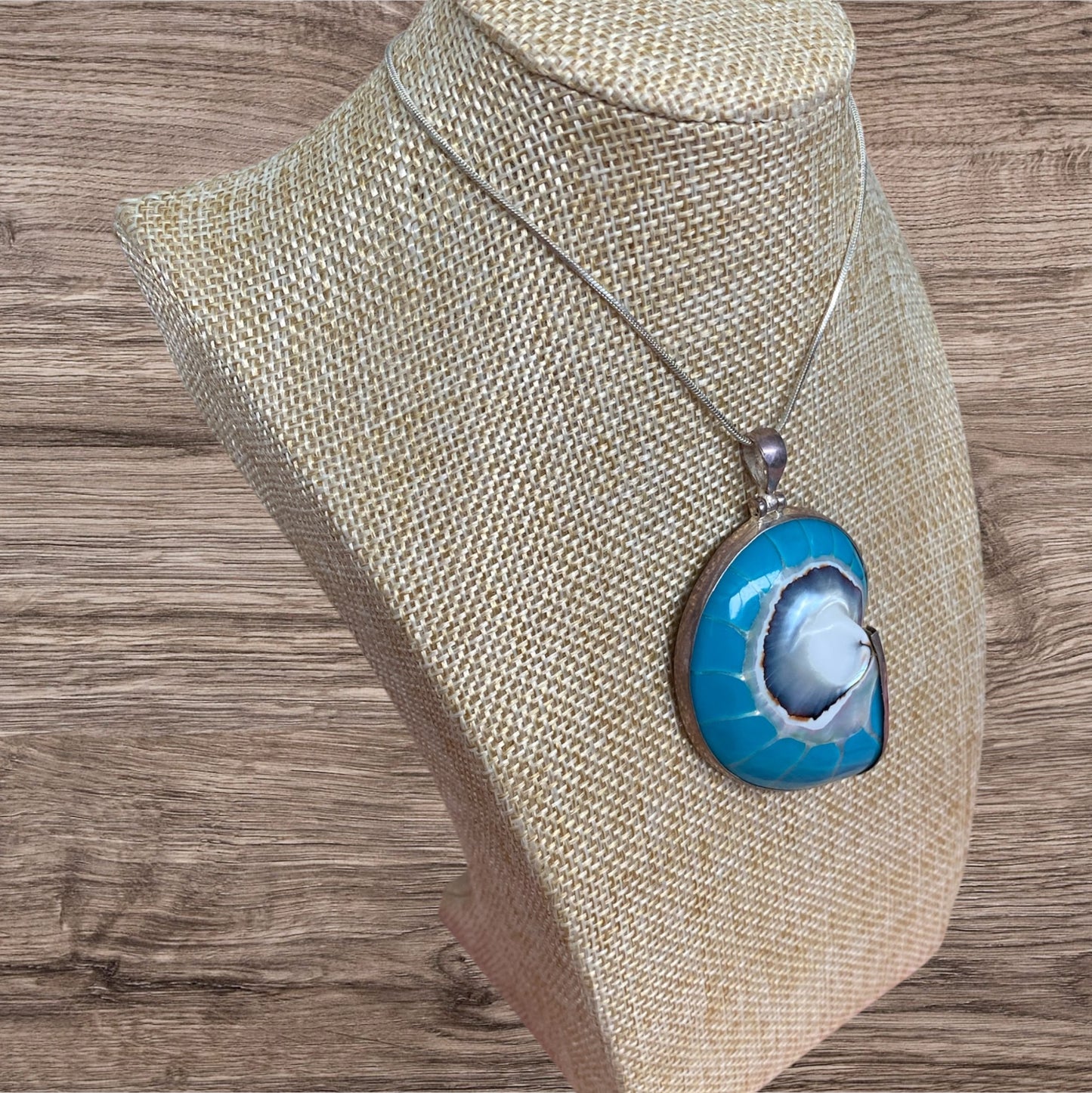 Large Nautilus Shell Pendant Turquoise-Blue With Inlay Sterling Silver