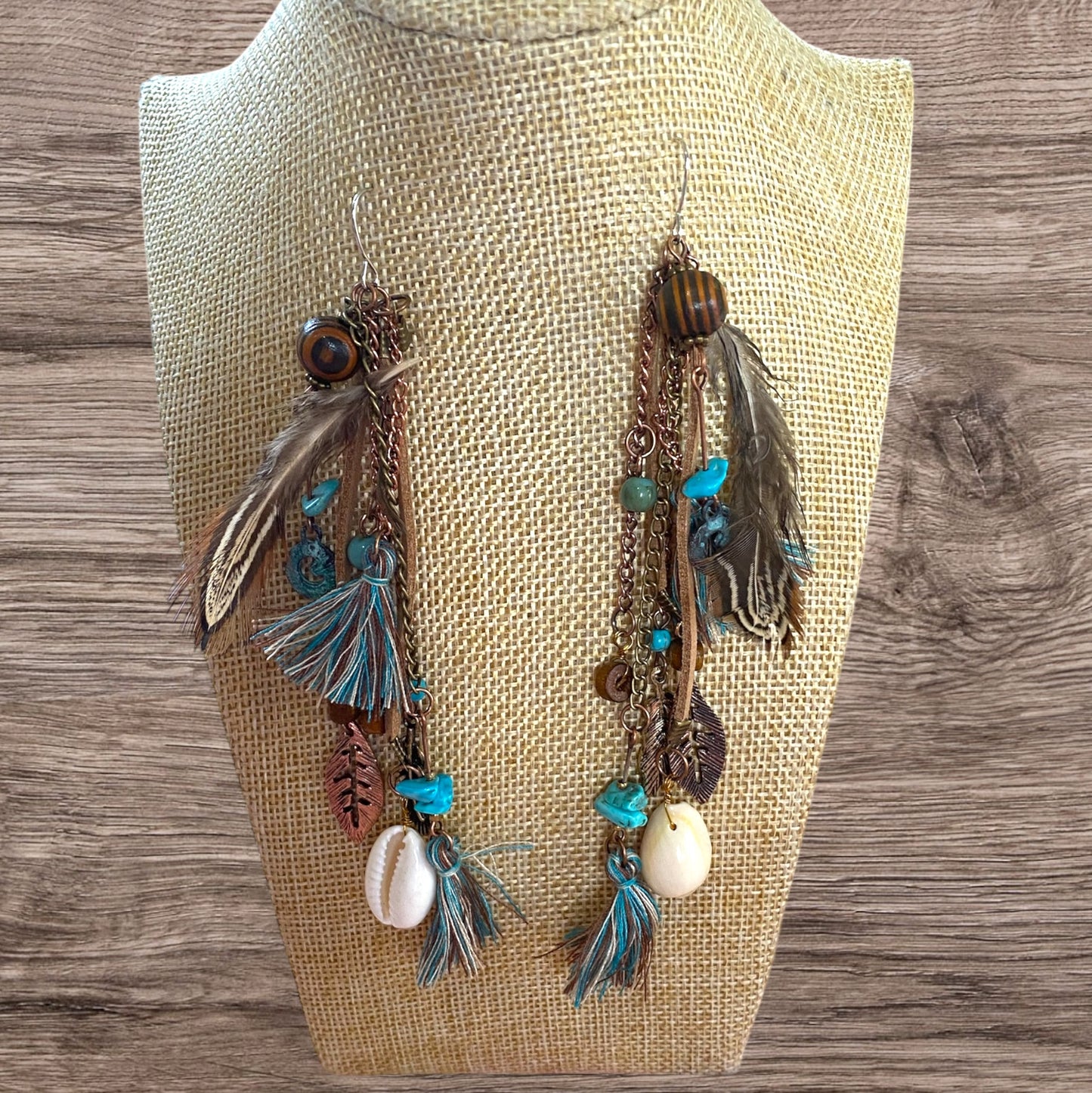 Boho Feather Cluster Drop Hook Earrings