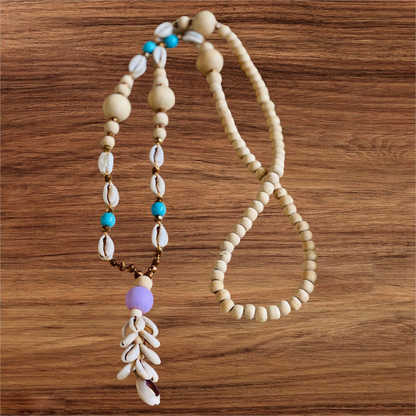 Beaded Cowrie Shell Natural Beads Garland Necklace Purple