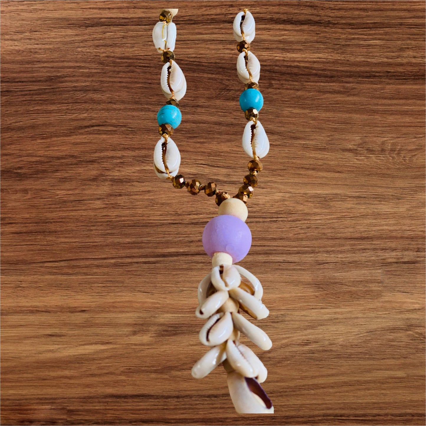 Beaded Cowrie Shell Natural Beads Garland Necklace Purple
