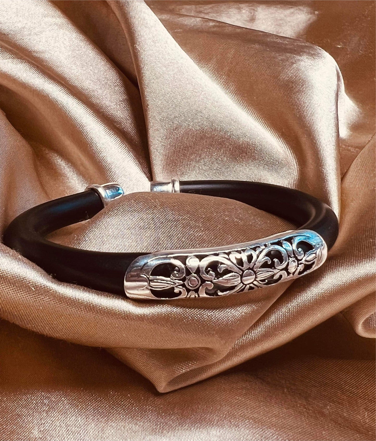 Flower Sterling Silver and Black Rubber Bracelet
