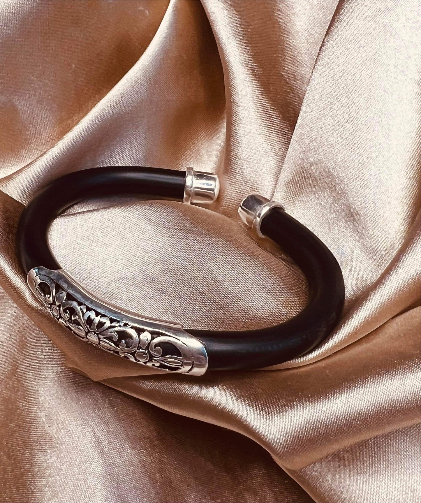 Flower Sterling Silver and Black Rubber Bracelet